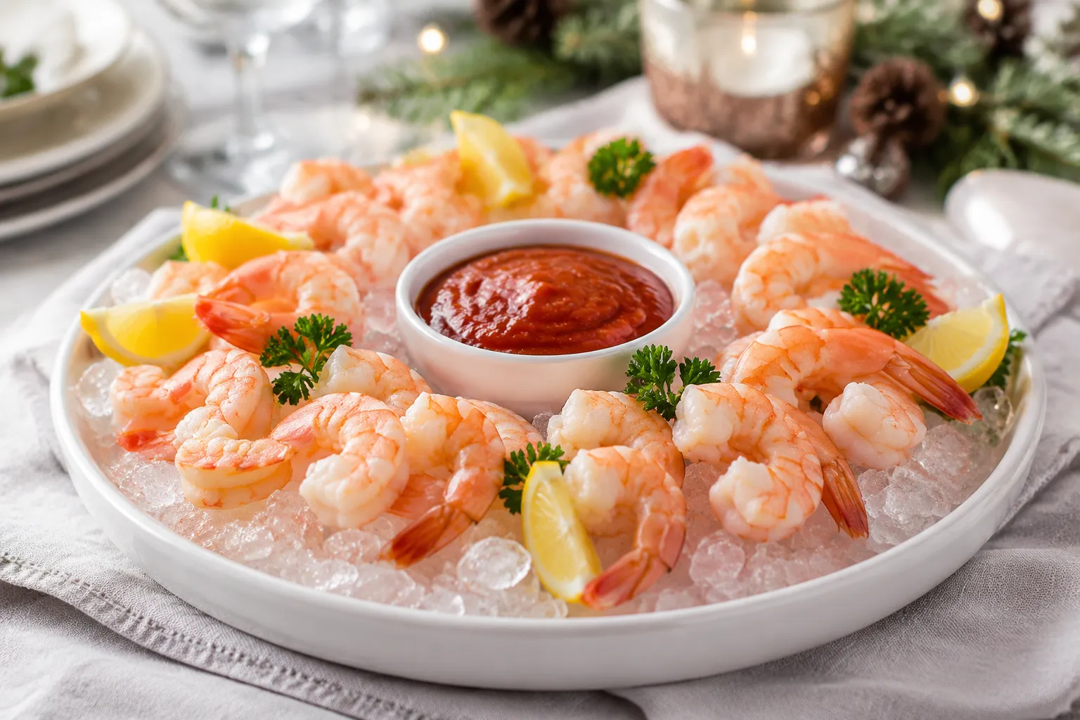 Classic shrimp cocktail platter with cocktail sauce, ice, and lemon wedges