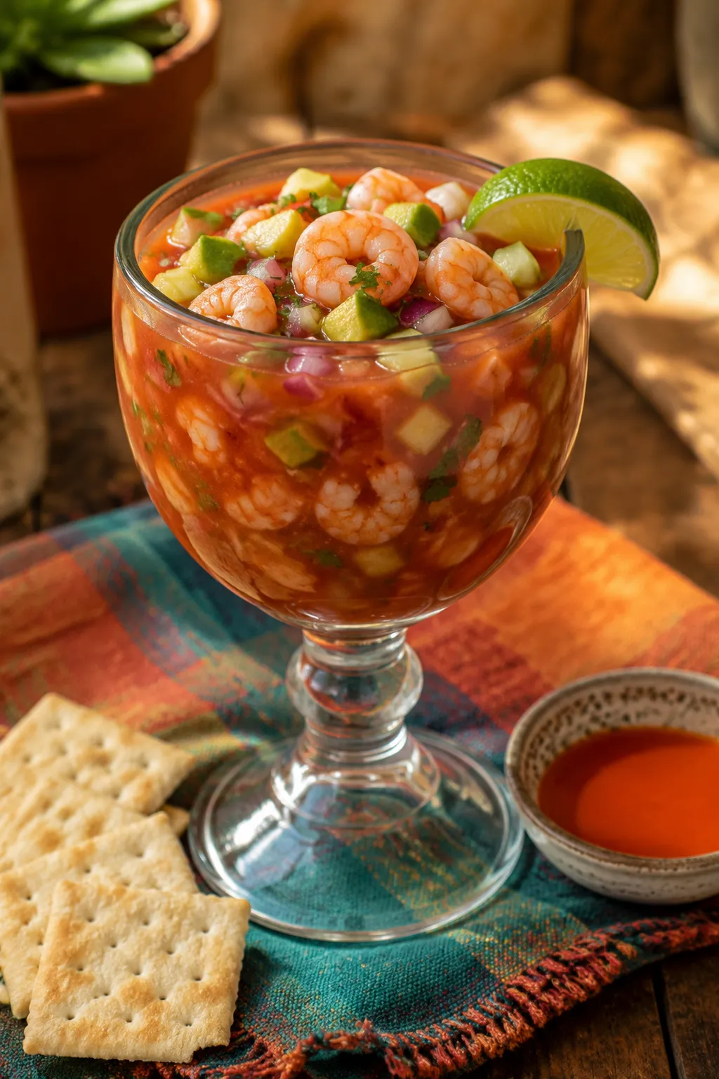 Mexican shrimp cocktail recipe with avocado, cucumber, and Clamato