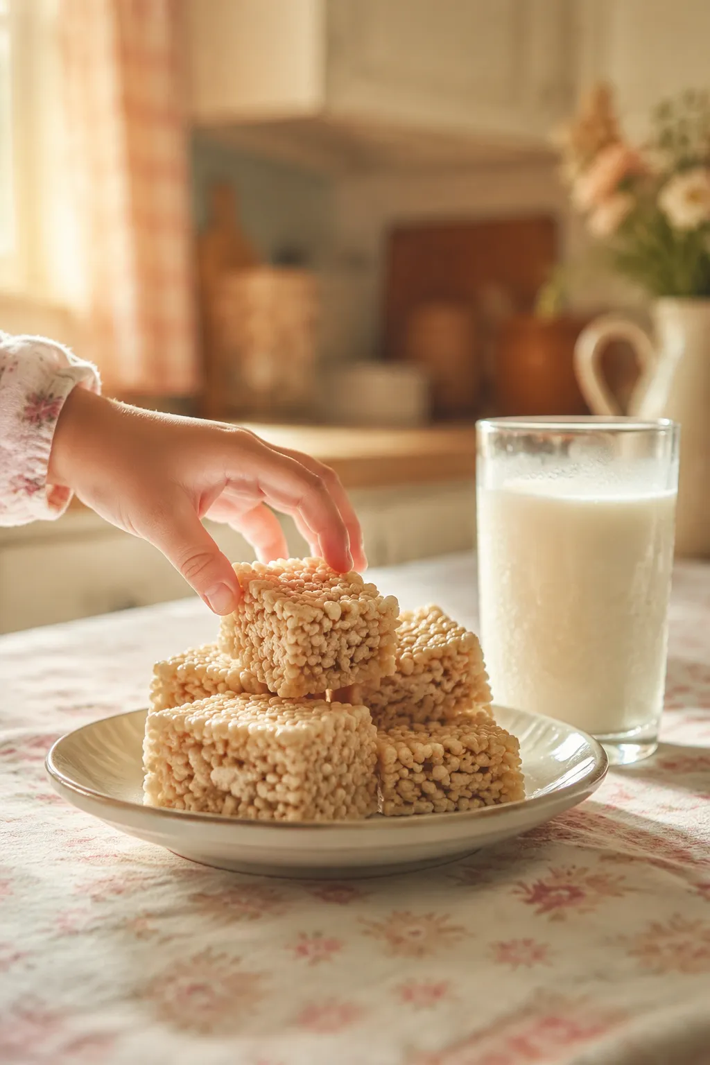 Serving easy rice krispie treat recipe with a glass of milk