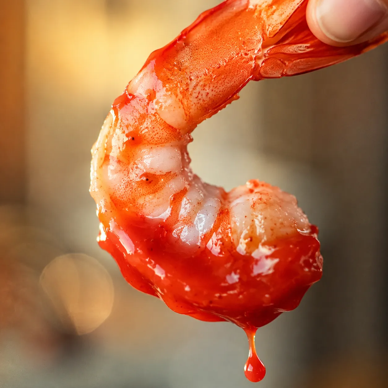 Close-up of jumbo cocktail shrimp dipped in homemade cocktail sauce