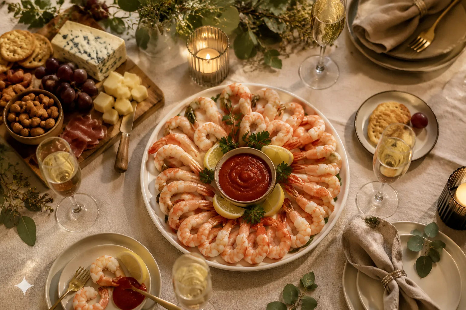 Shrimp cocktail served as part of a holiday appetizer spread