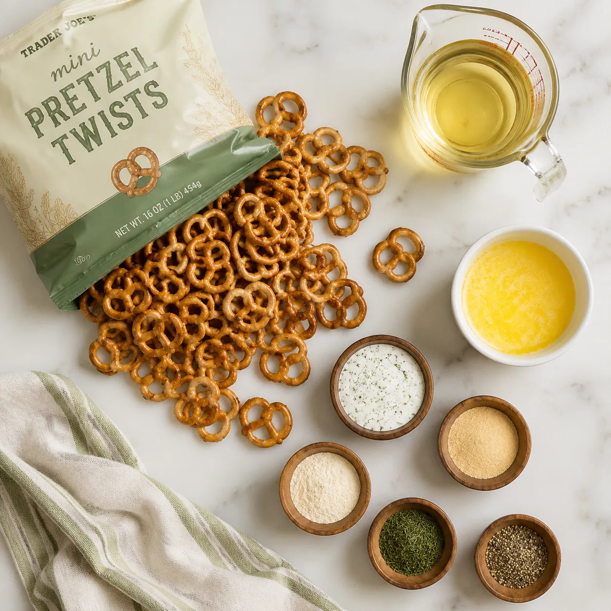 Dots pretzels recipe ingredients flat lay with ranch seasoning and pretzels