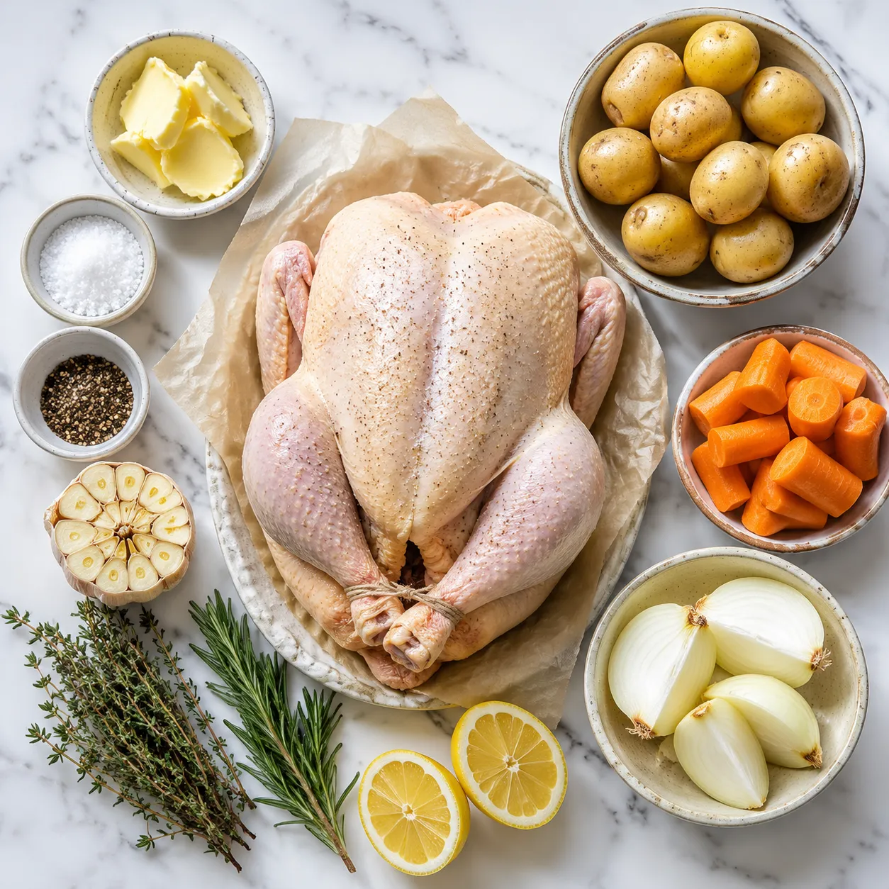 Roast chicken ingredients flatlay with whole chicken, herbs, butter, and vegetables