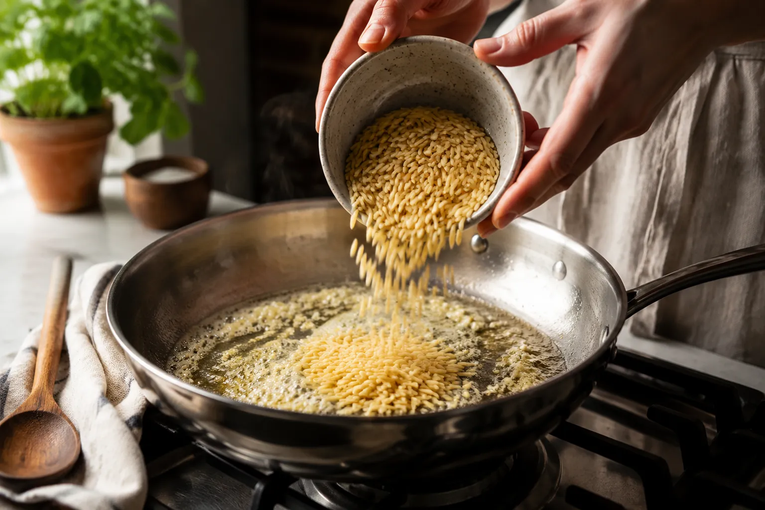 Toasting orzo in butter, the first step in this orzo recipe