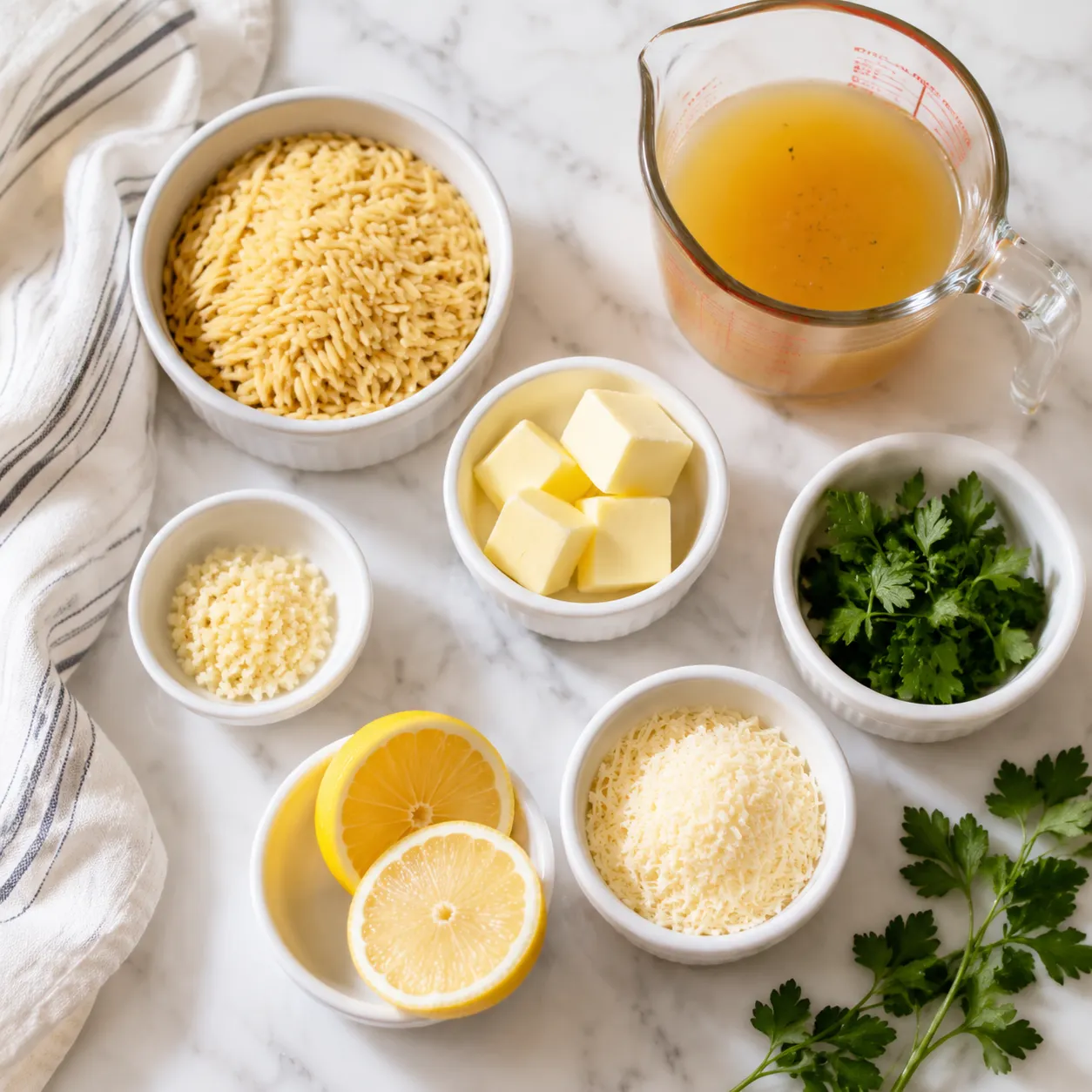 Orzo pasta recipes ingredients flatlay with butter, garlic, Parmesan, and lemon