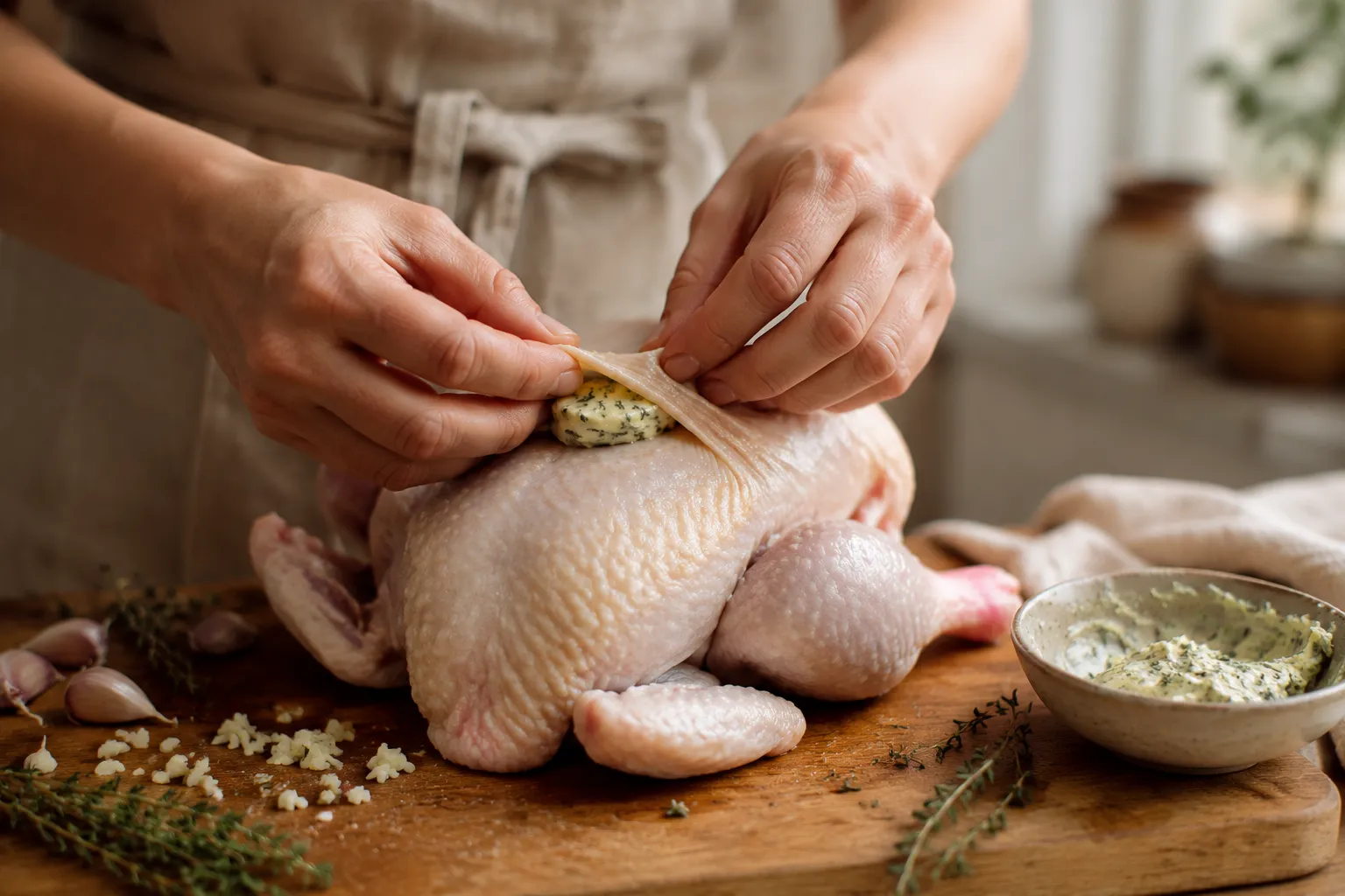 How to roast a chicken by spreading herb butter under the skin