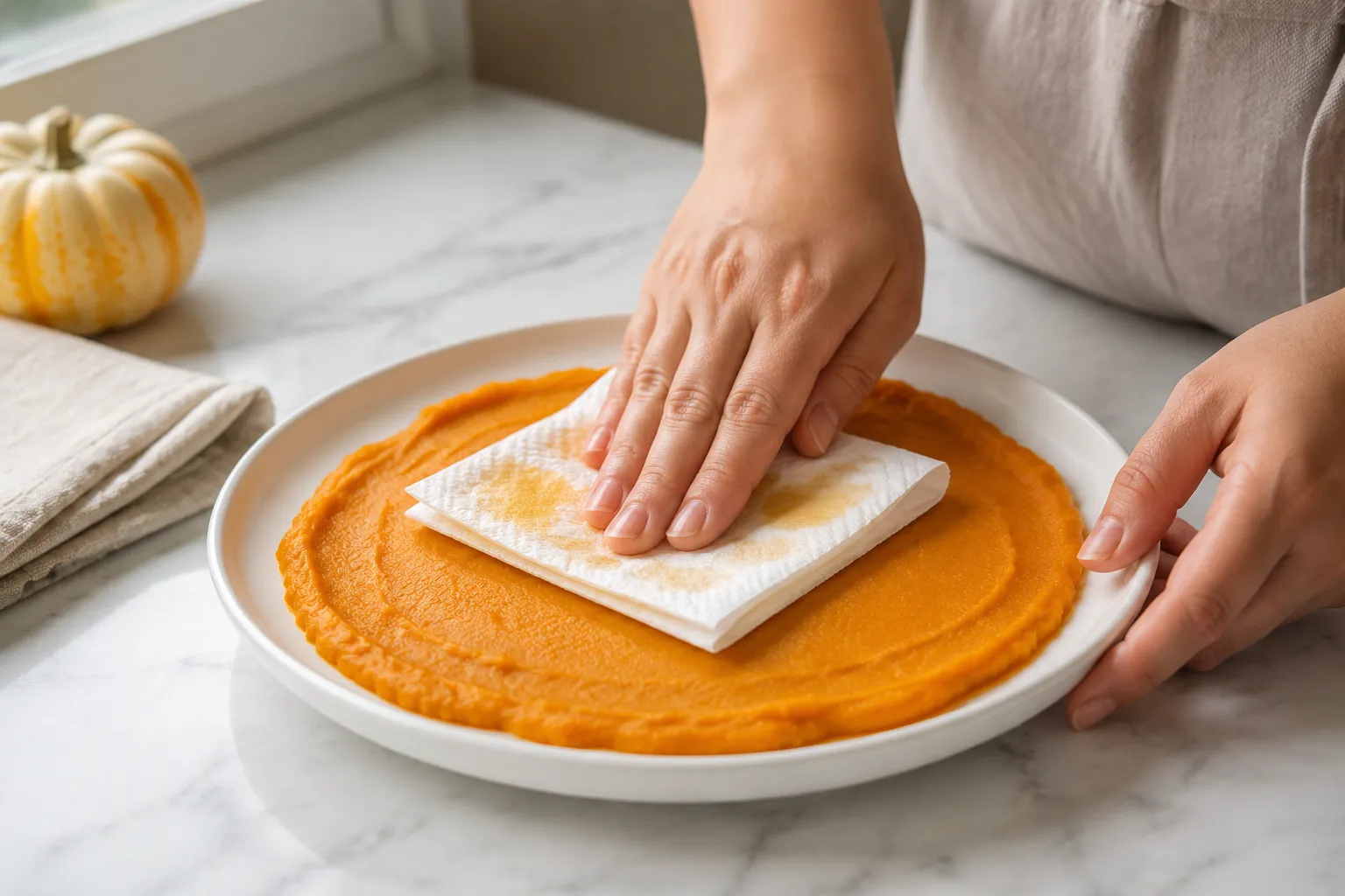 Blotting pumpkin puree with a paper towel for chewy pumpkin chocolate chip cookies