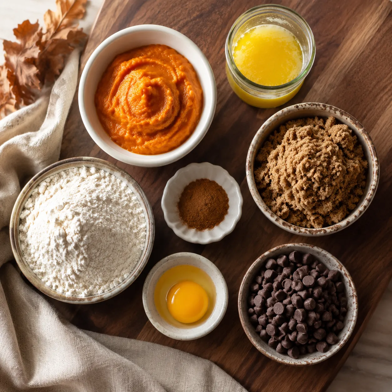 Ingredients for pumpkin chocolate chip cookies arranged in bowls on a wooden board