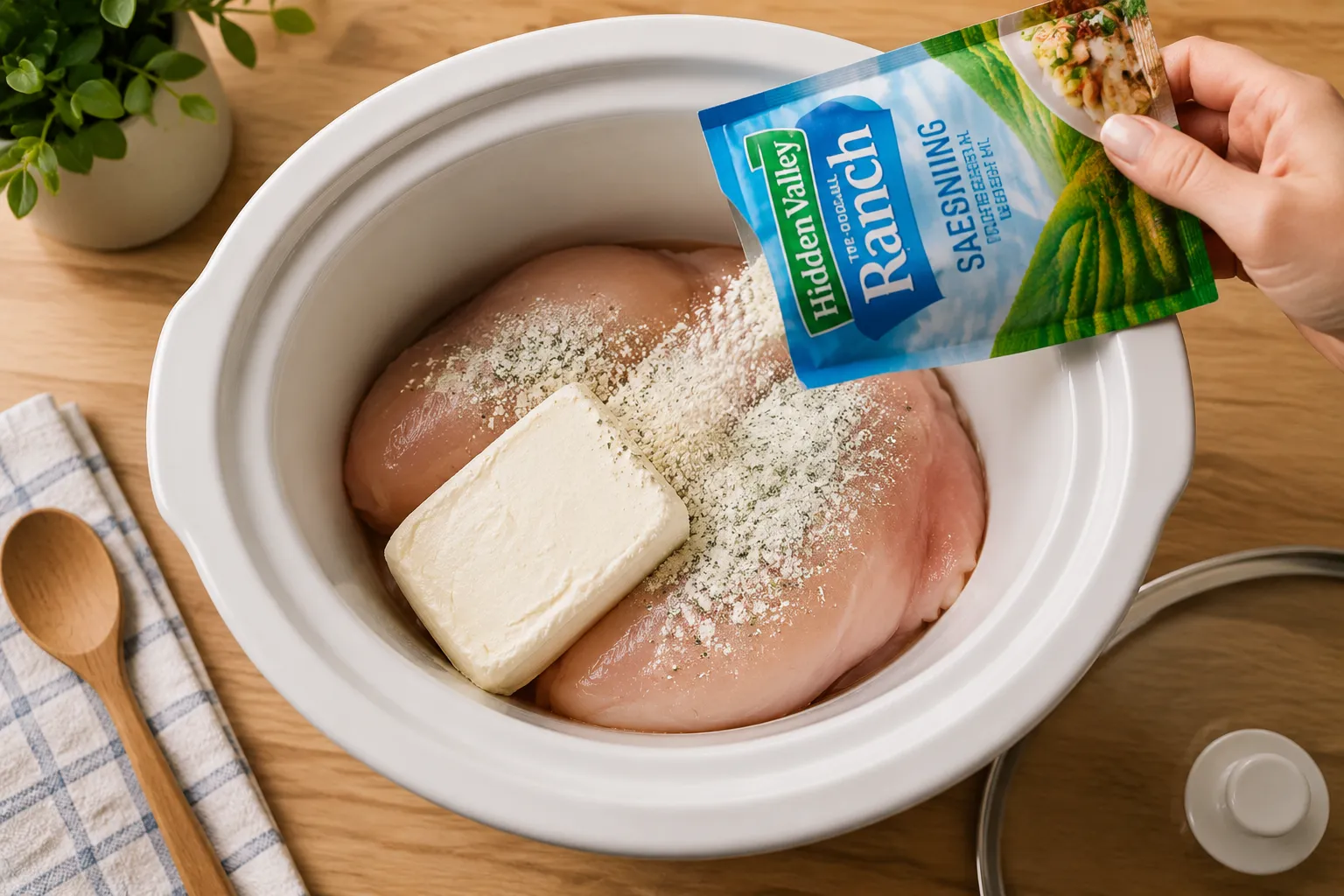 Layering chicken, cream cheese, and ranch seasoning in a crock pot for crack chicken