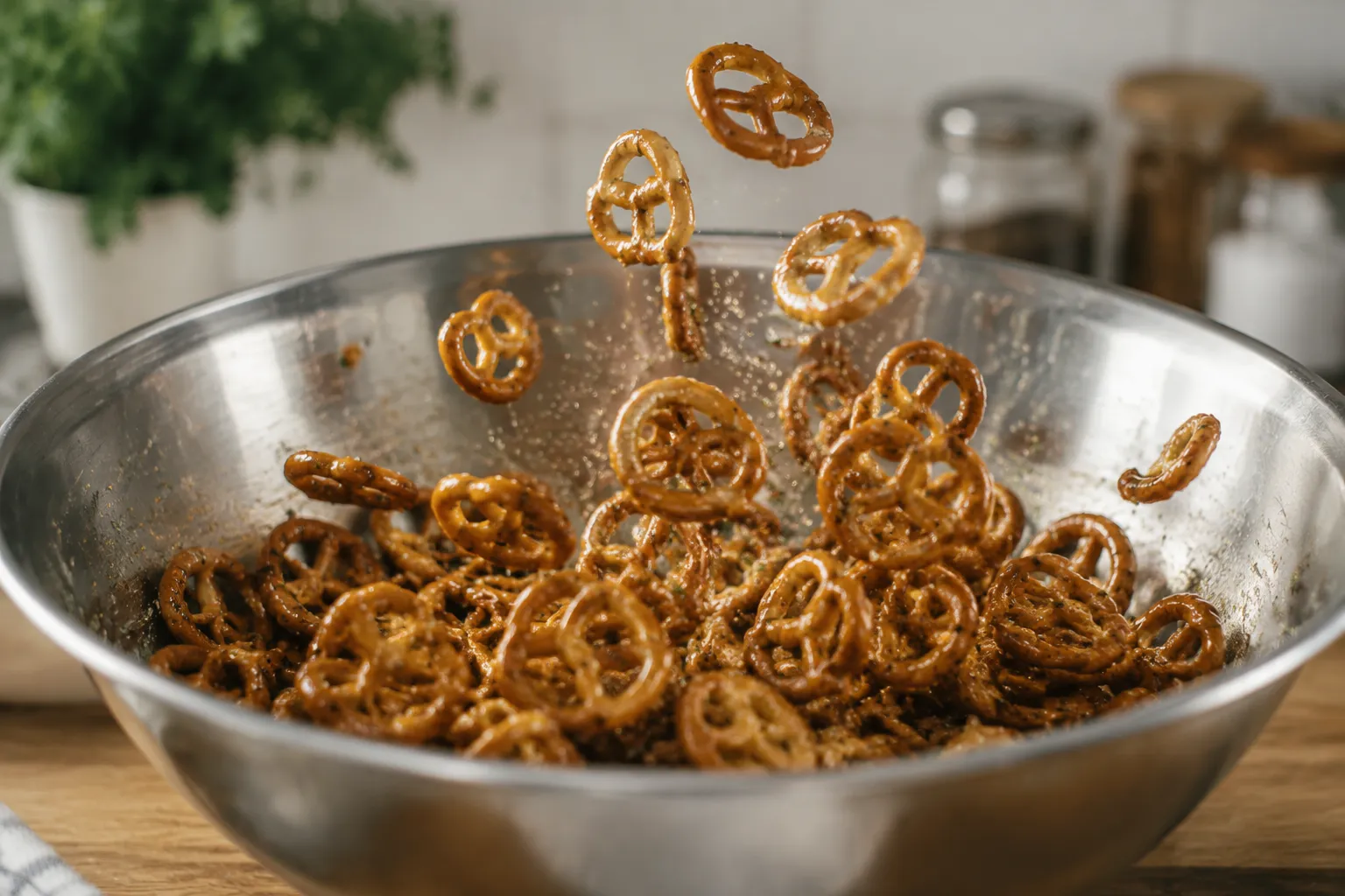 Tossing pretzels with ranch butter mixture for Dots pretzels copycat