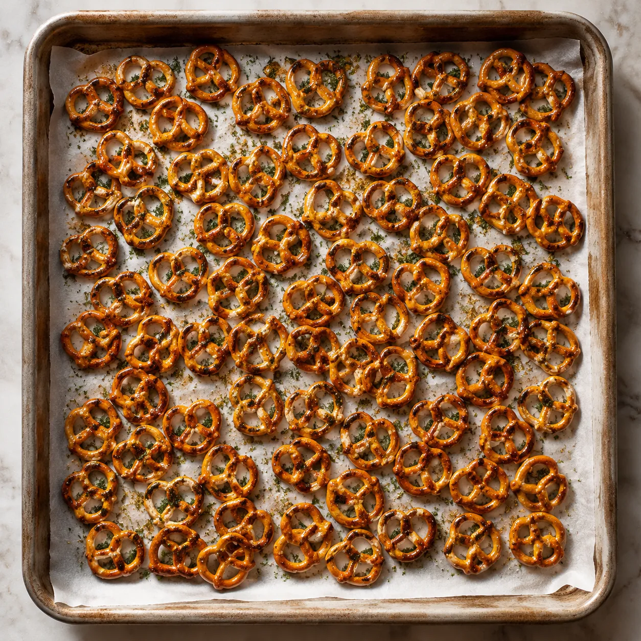Seasoned dots pretzels arranged on baking sheet before low slow bake