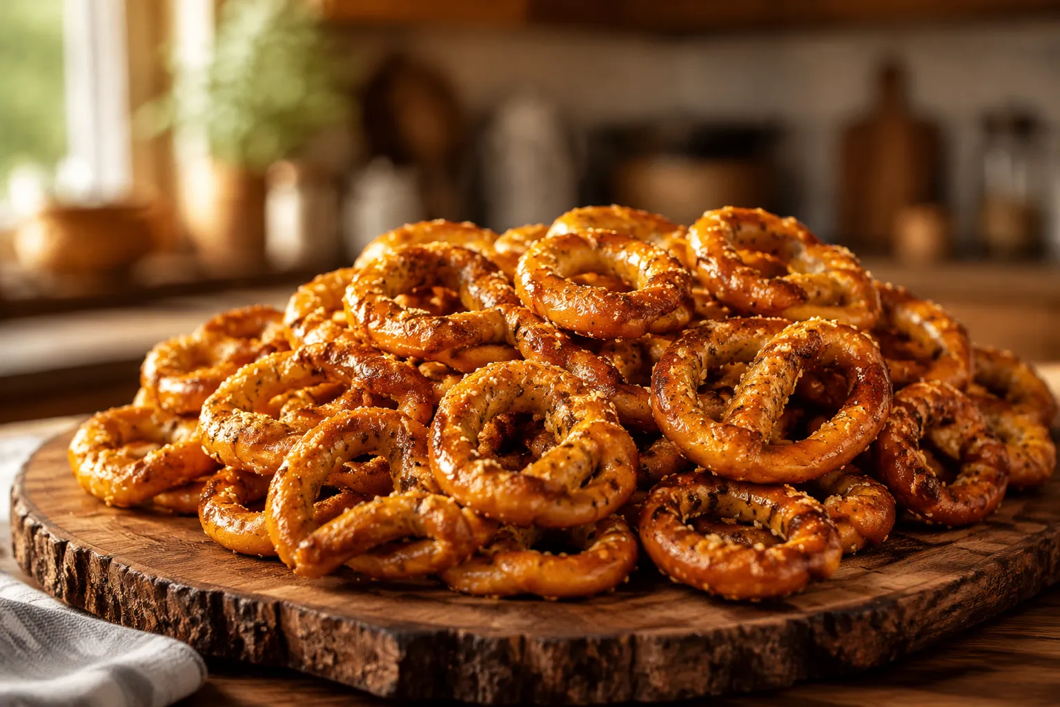 Finished homemade Dots pretzels on a wooden board with ranch seasoning