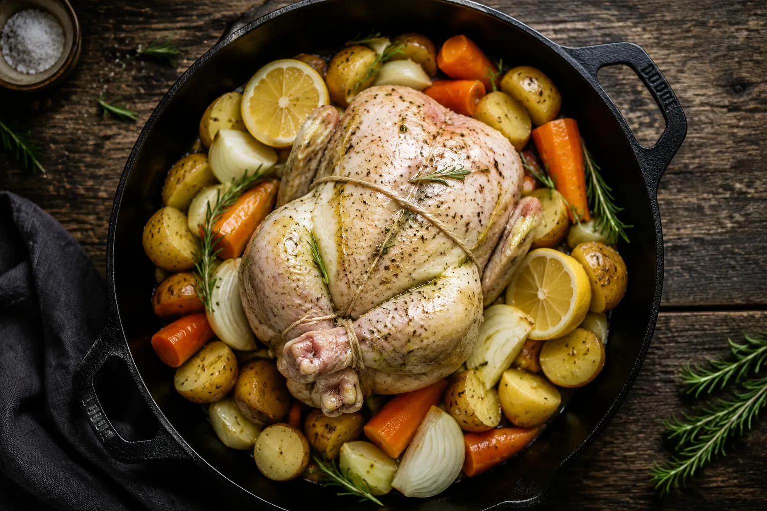 Oven roasted whole chicken on a bed of vegetables before roasting