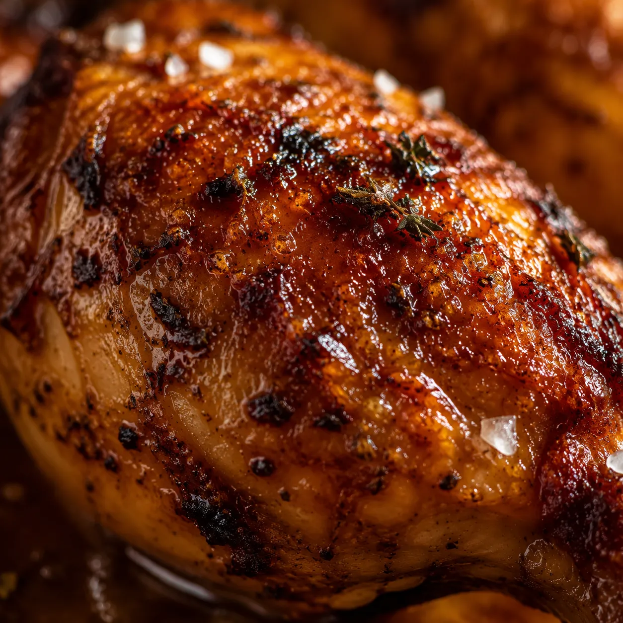 Crispy golden skin close-up of a perfectly roast chicken
