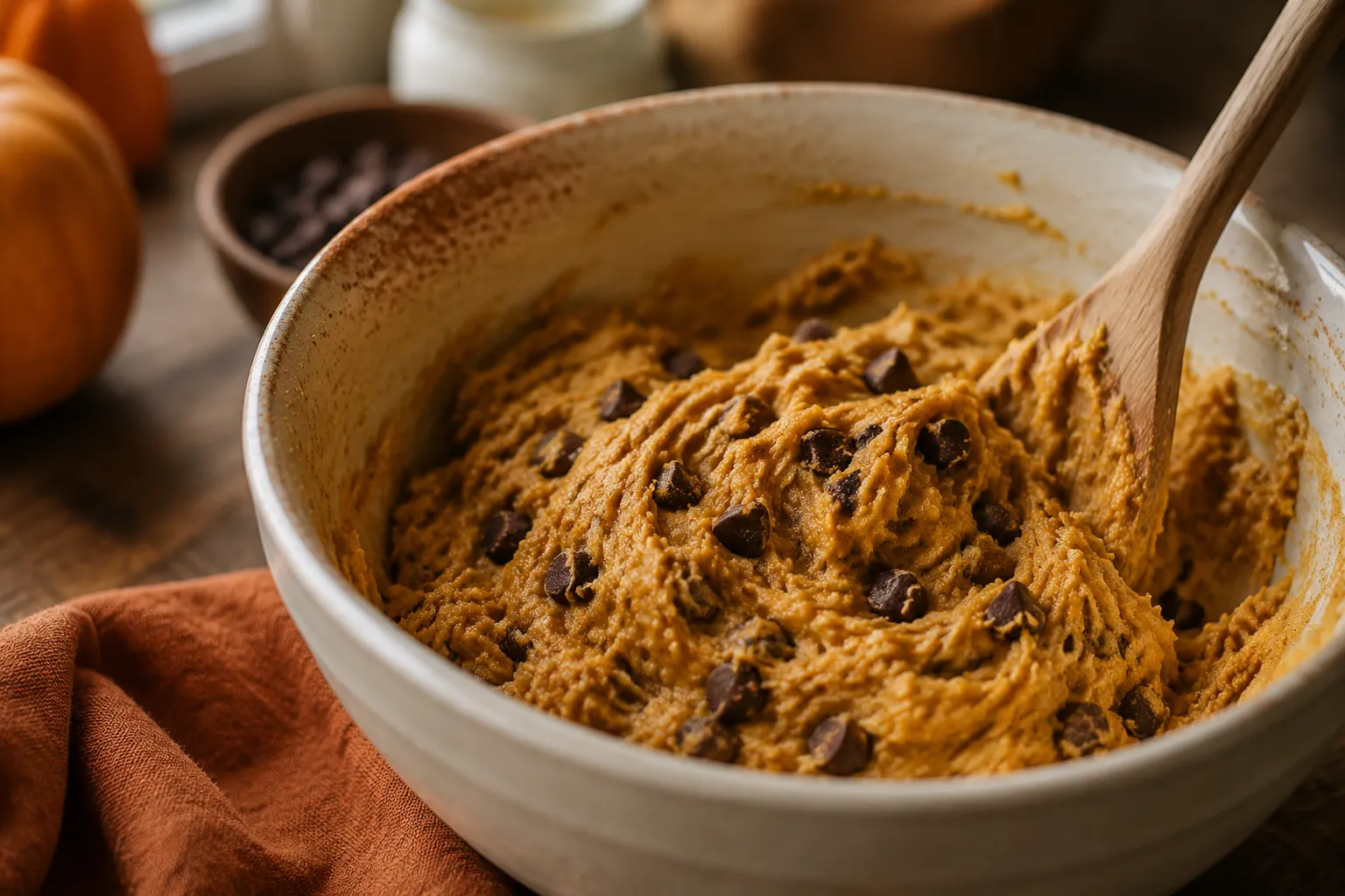 Stirring pumpkin chocolate chip cookie dough in a mixing bowl