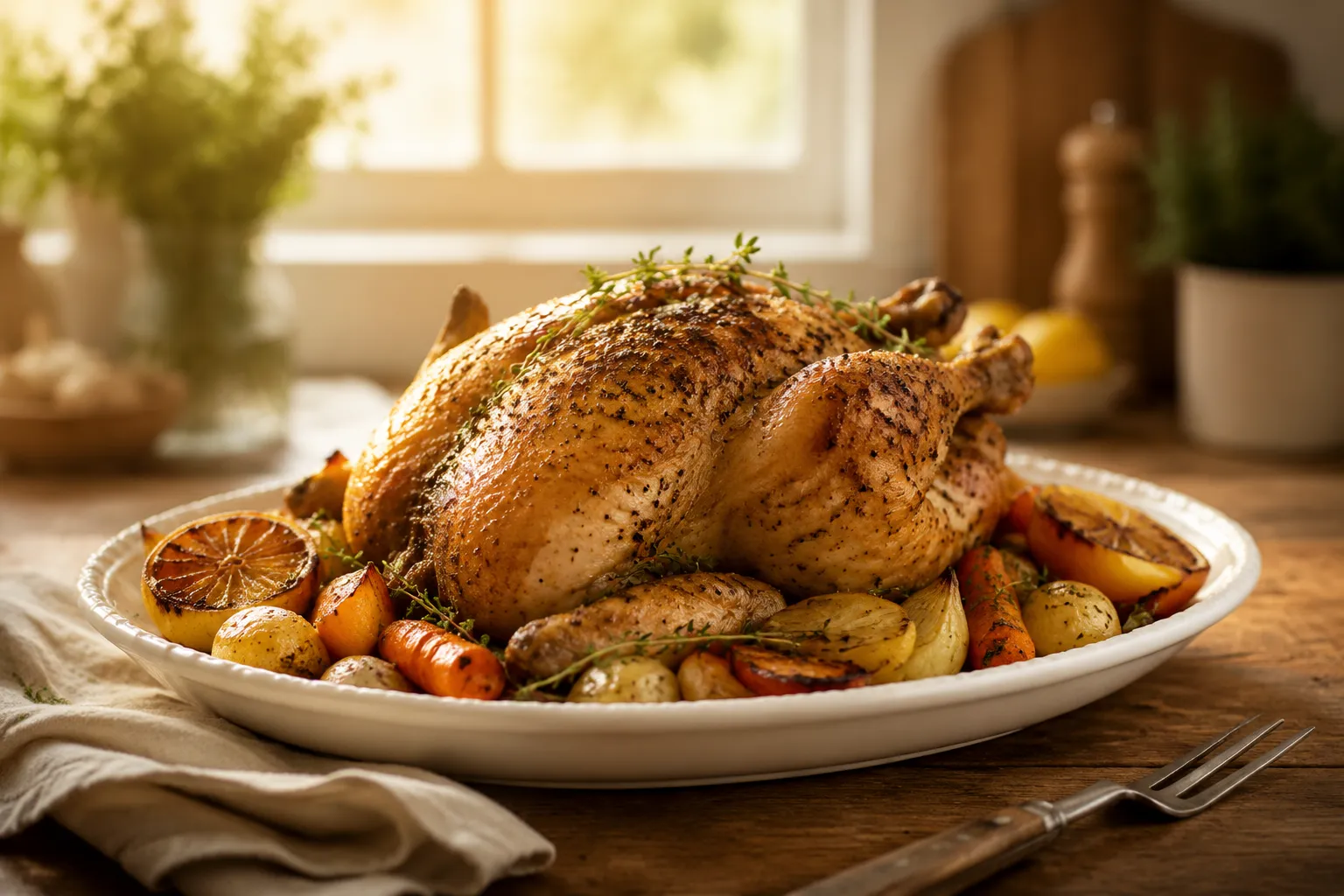 Roast chicken with vegetables on a serving platter ready to carve