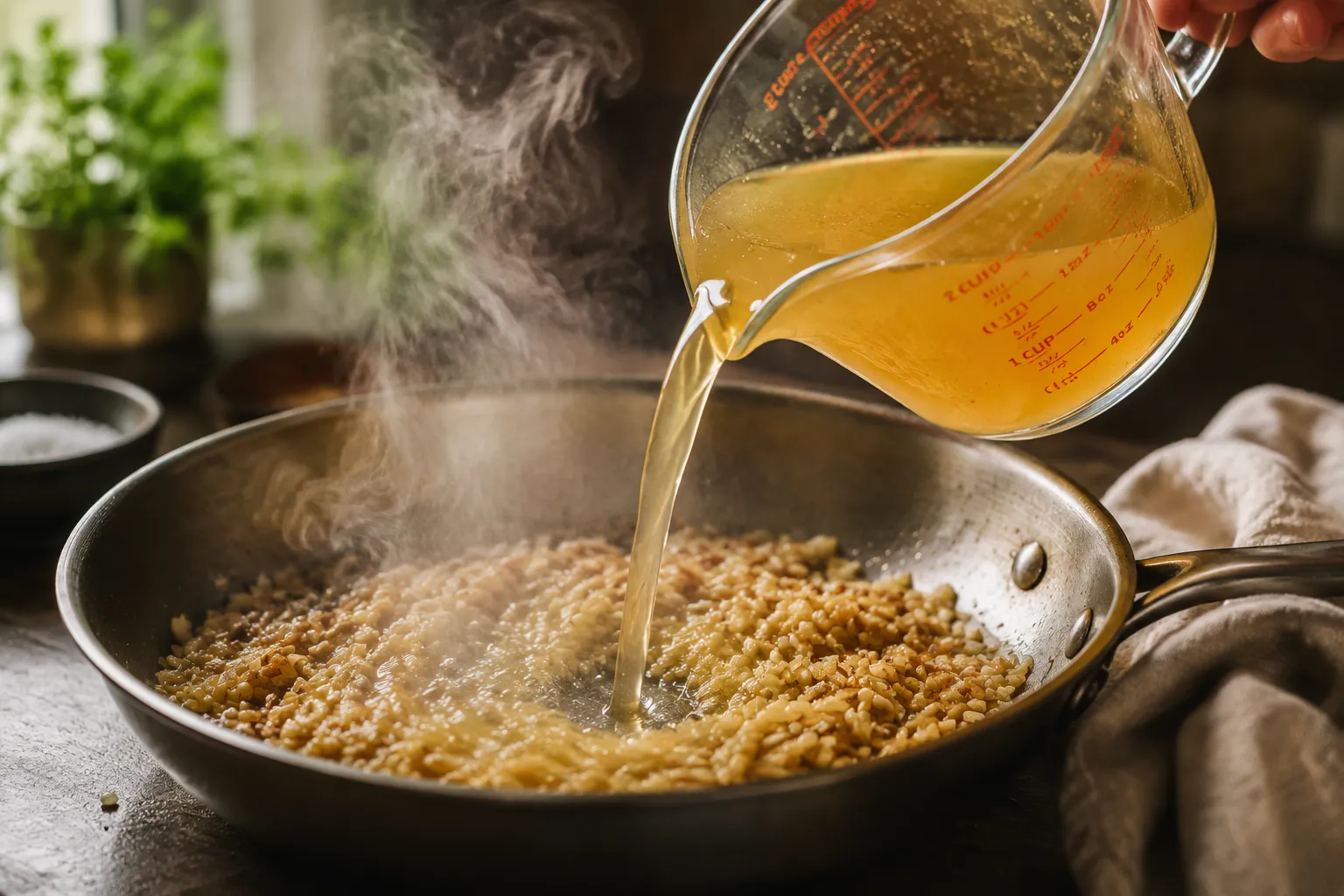 Adding broth to orzo pasta recipe in a skillet