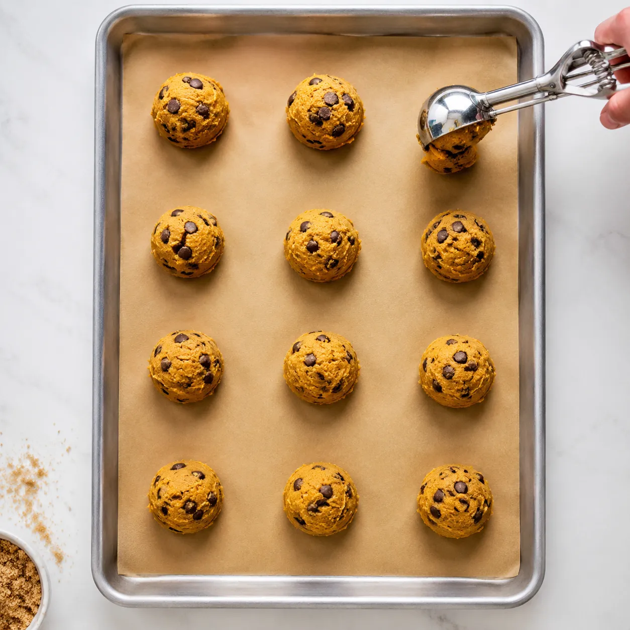 Scooping pumpkin chocolate chip cookie dough onto a parchment-lined baking sheet