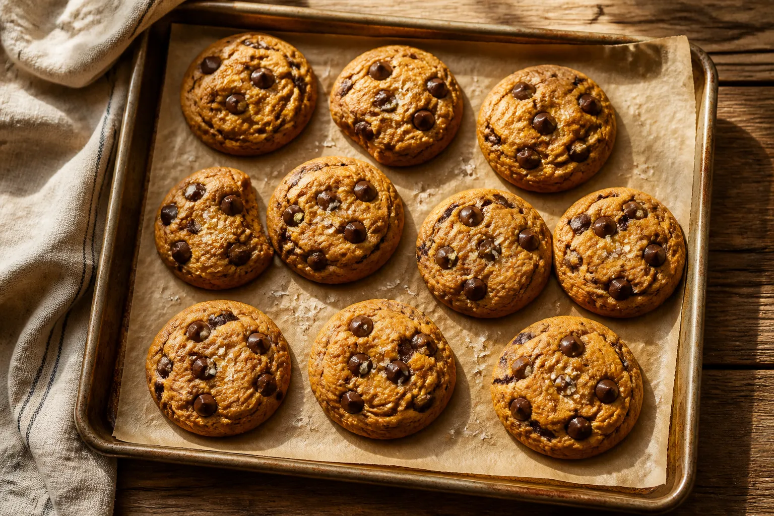 Freshly baked pumpkin chocolate chip cookies cooling on a sheet pan