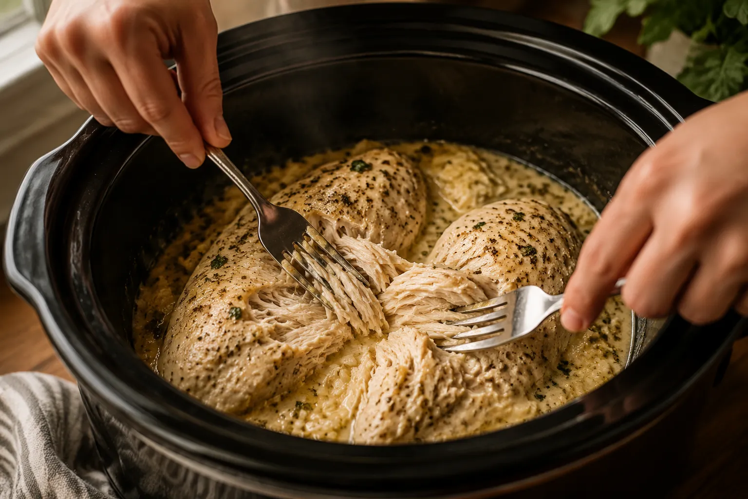Shredding crack chicken with two forks in the crock pot
