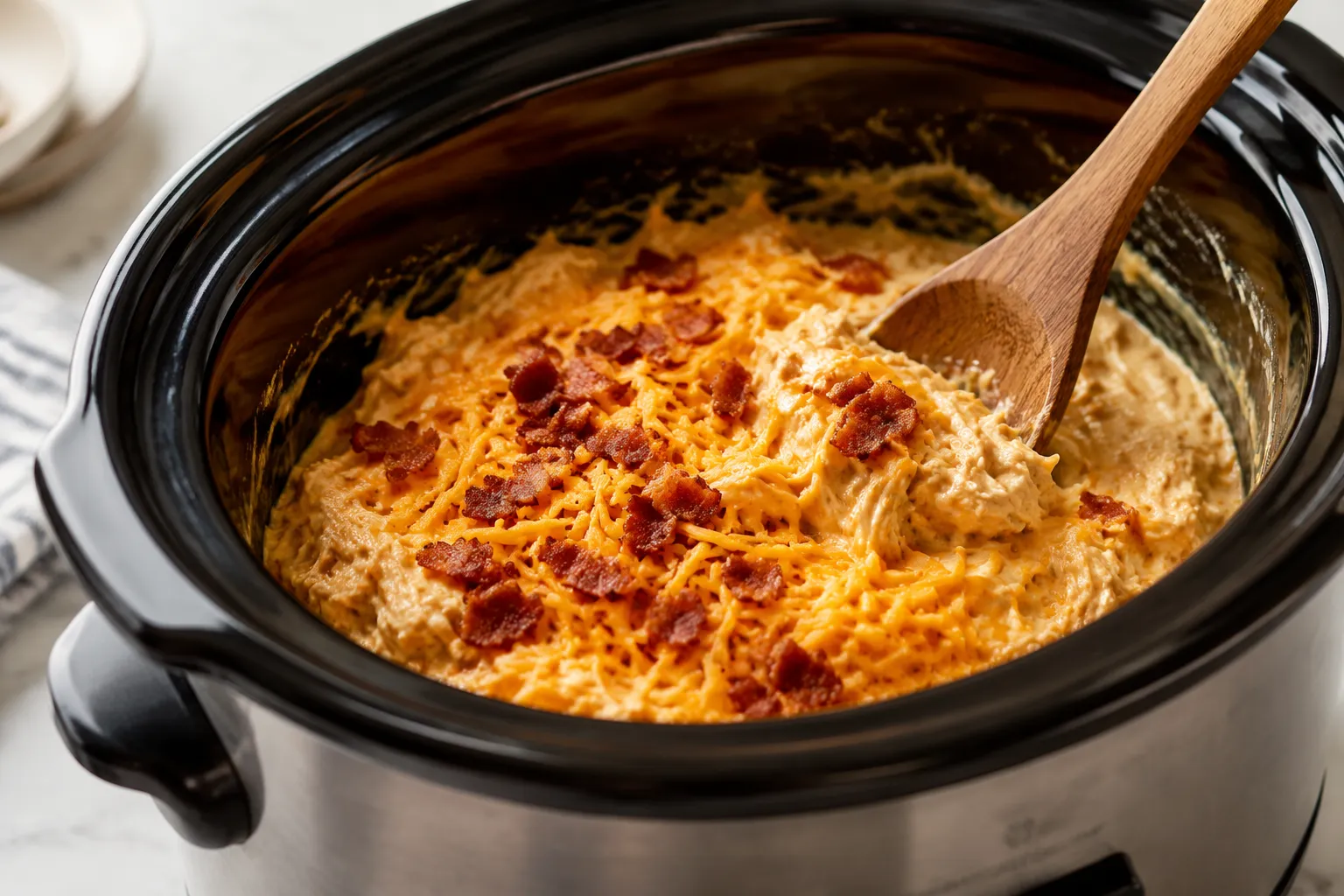 Stirring cheddar and bacon into creamy shredded crack chicken