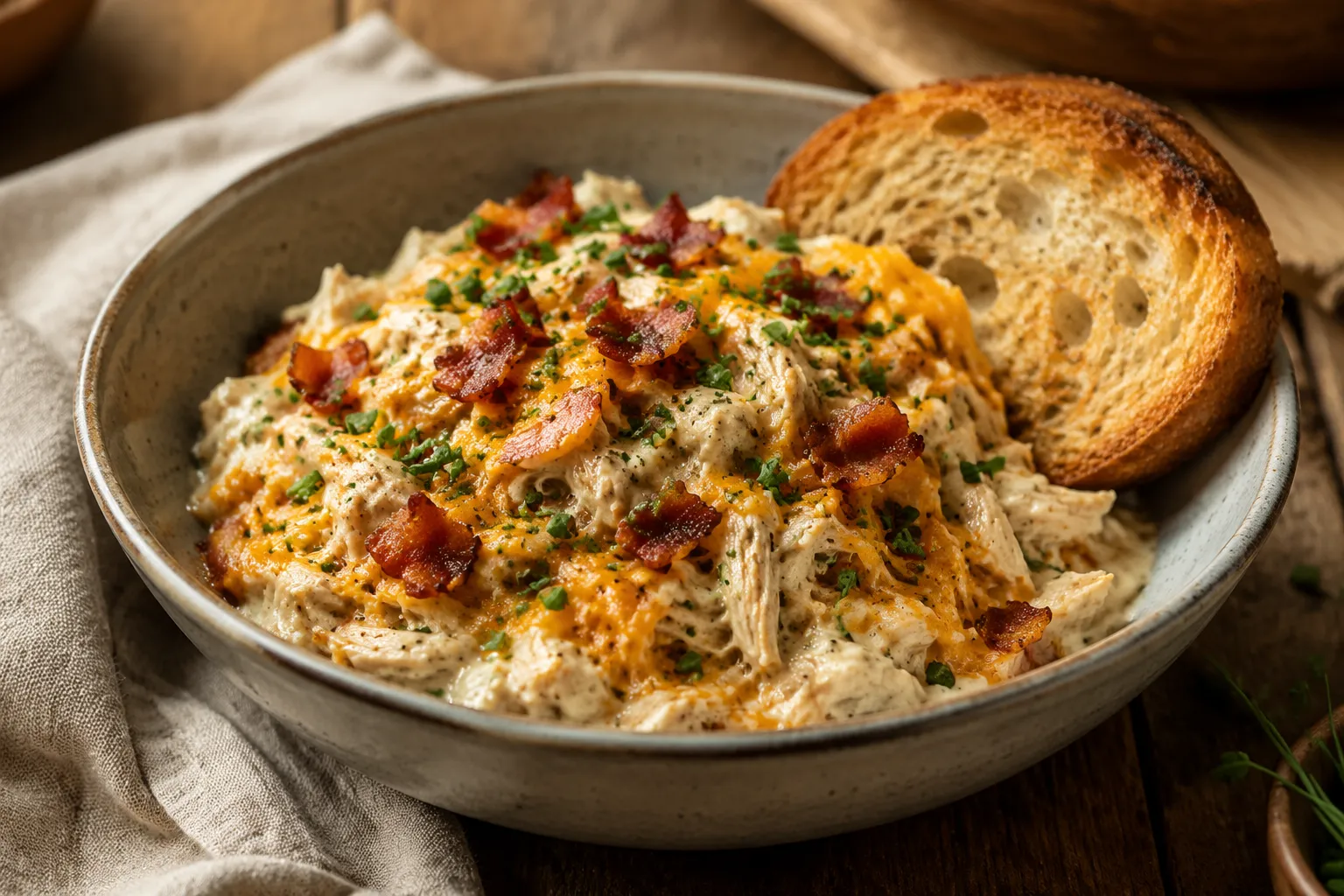 Bowl of finished crack chicken with bacon and chives