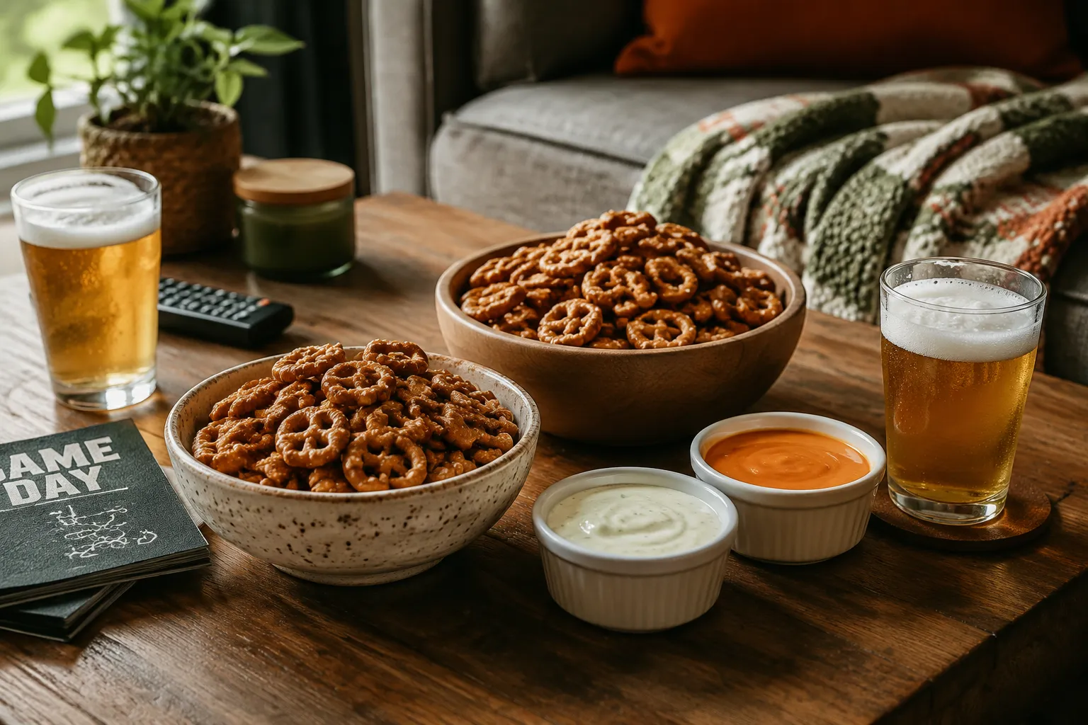 Dots pretzels served as a game day snack with dips and drinks