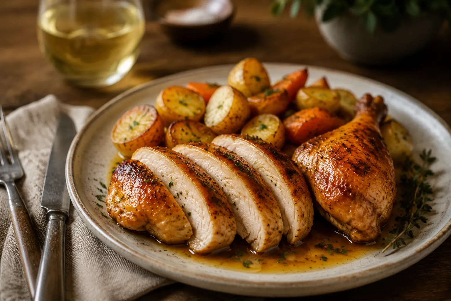 Plated roast chicken and roast vegetables dinner with pan juices