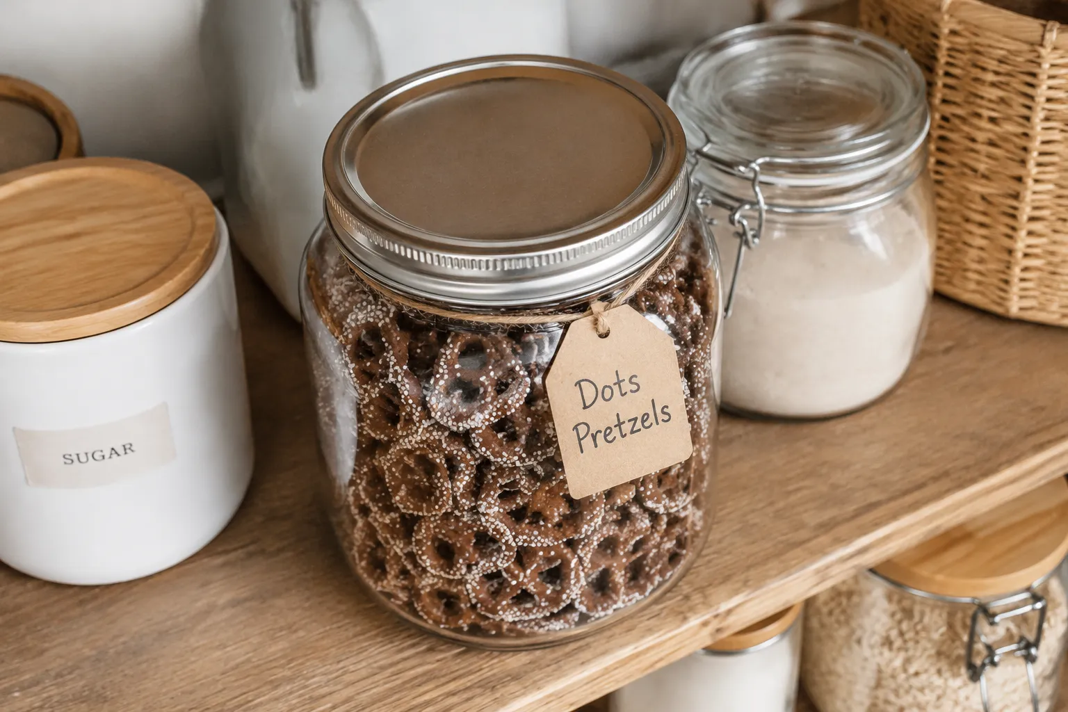 Storing homemade dots pretzels in a glass jar to keep them crunchy