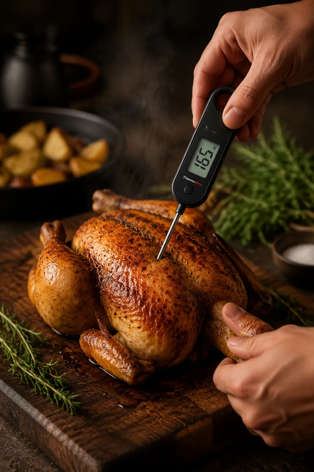 Checking roast chicken doneness with a meat thermometer at 165 degrees