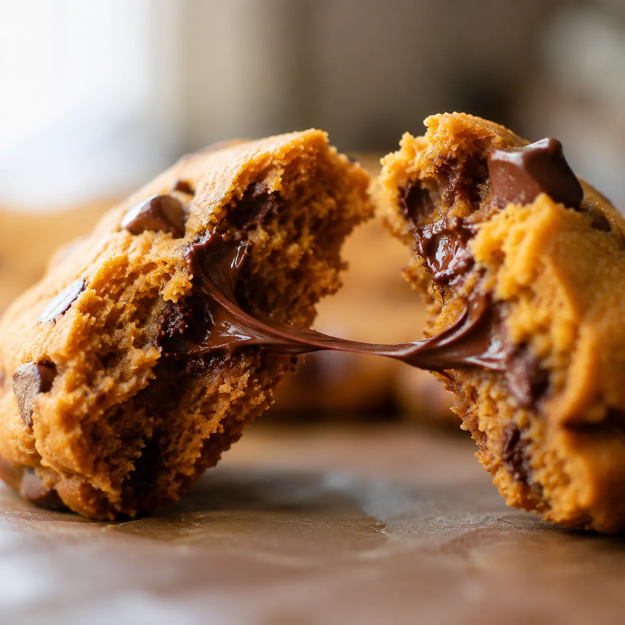 Close-up of chewy pumpkin chocolate chip cookie torn in half with melted chocolate
