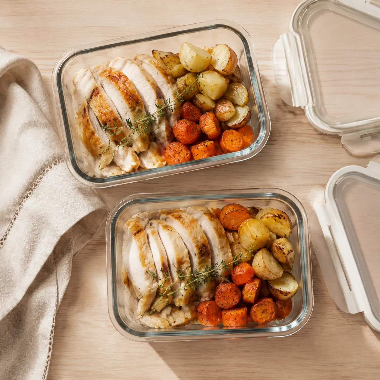 Leftover roast chicken and vegetables stored in glass meal prep containers