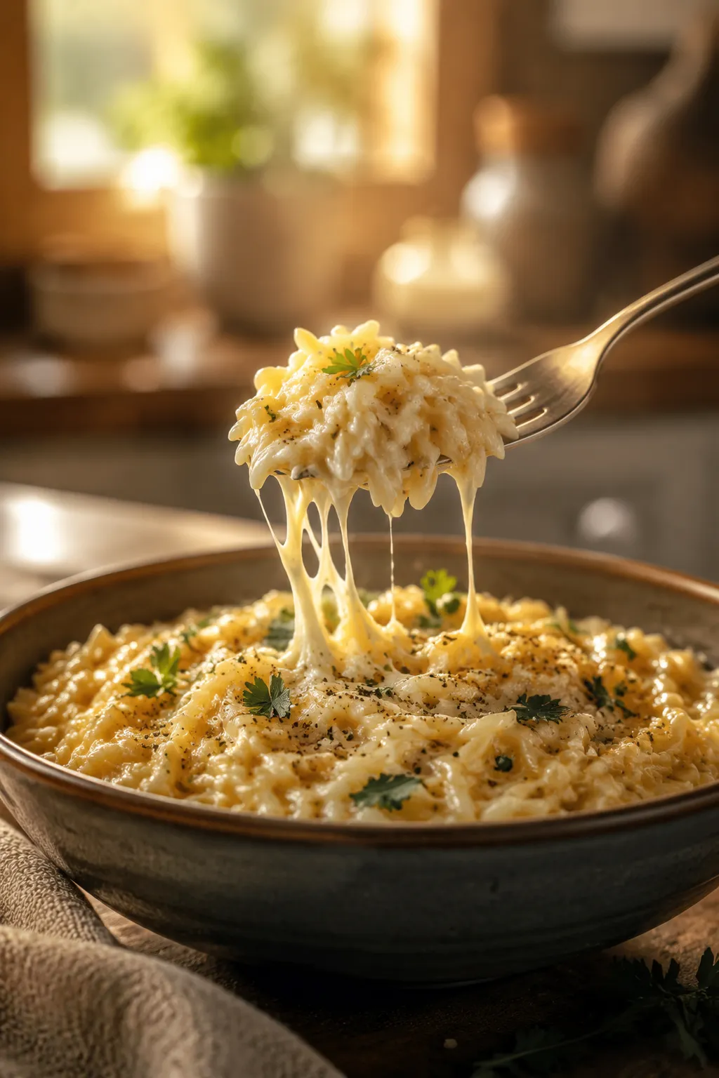 Serving creamy orzo recipe with a forkful of cheesy pasta