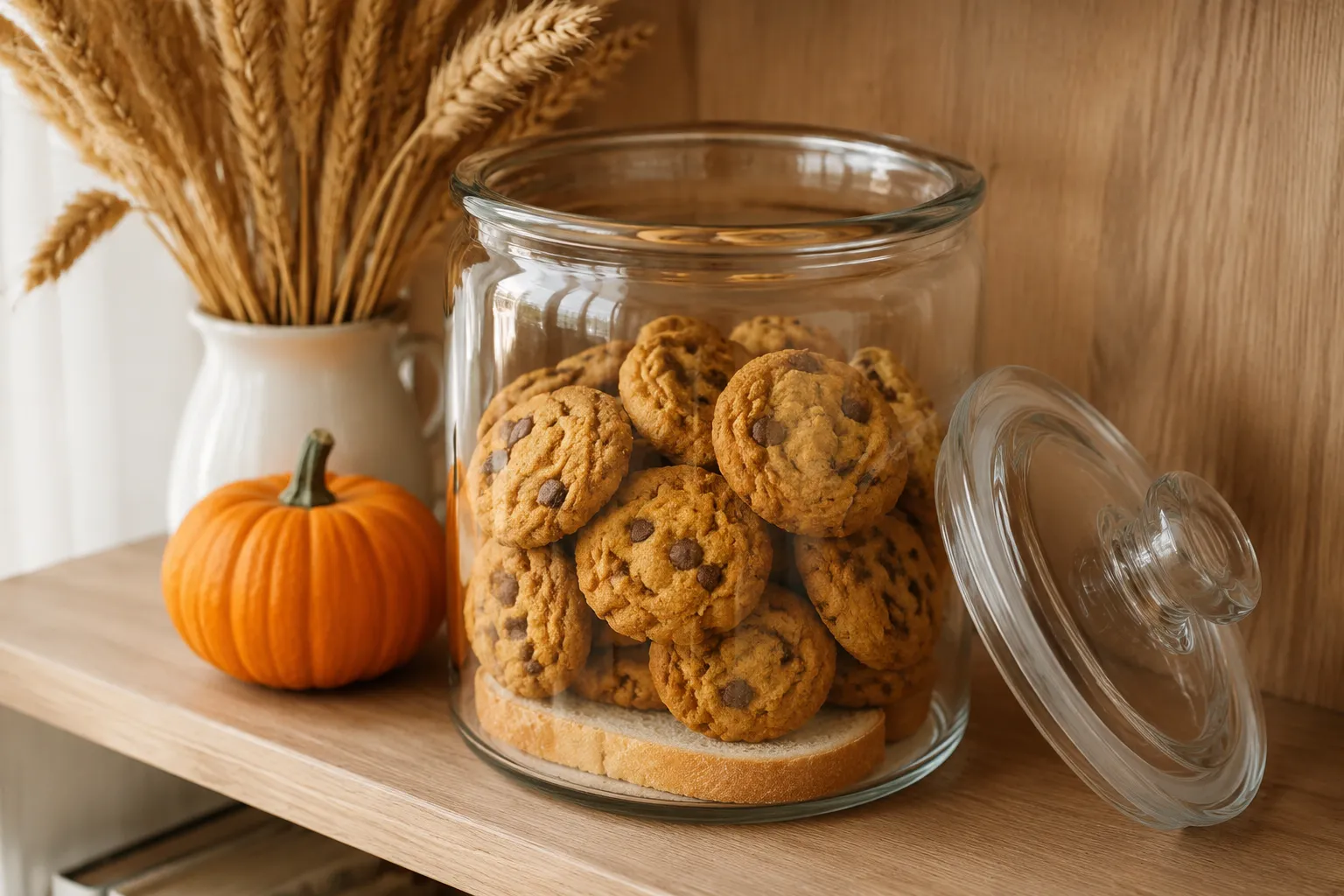 Storing pumpkin chocolate chip cookies in a glass jar with a bread slice for freshness