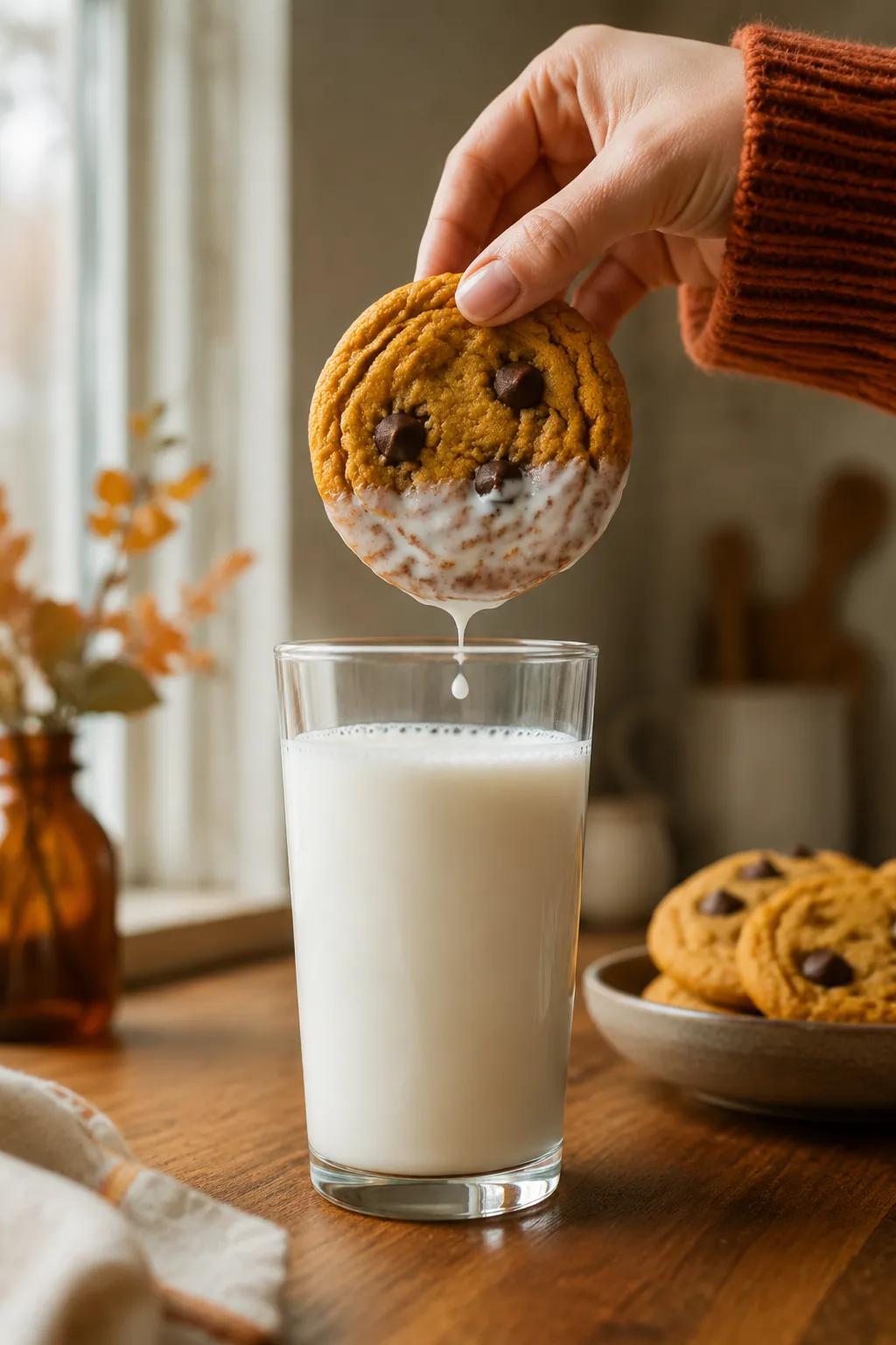 Dunking a pumpkin chocolate chip cookie into a glass of cold milk