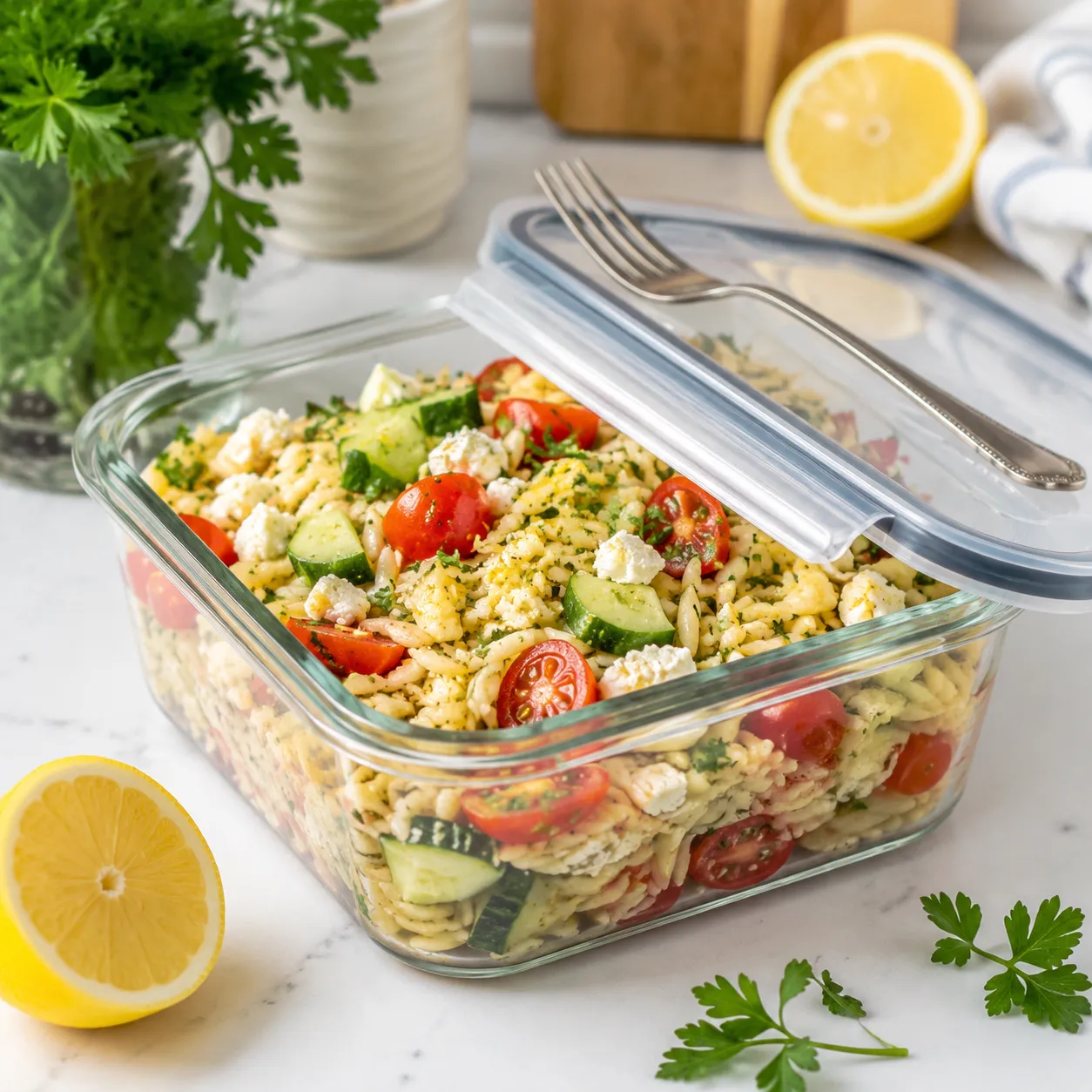 Storing leftover orzo pasta recipes in a meal prep container