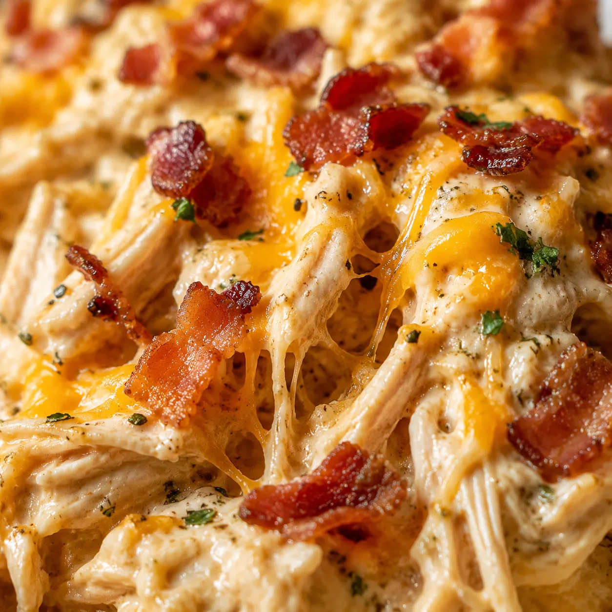 Close-up macro of creamy shredded crack chicken texture
