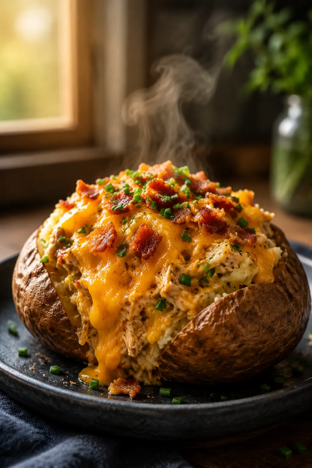 Loaded baked potato topped with creamy crack chicken and bacon