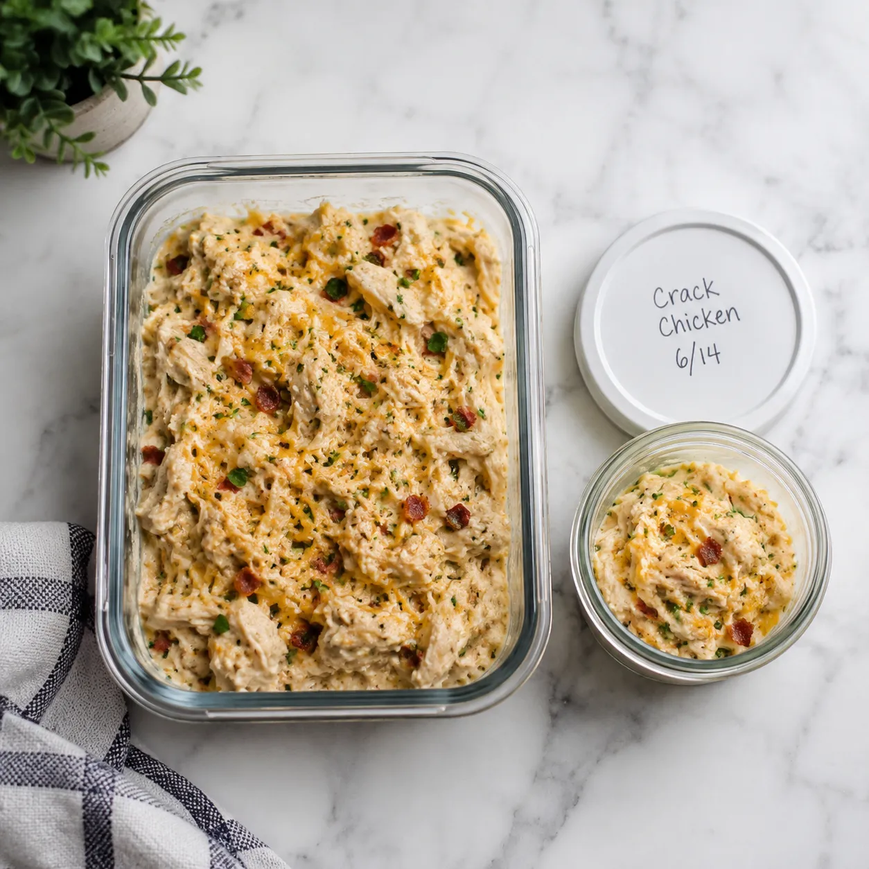Crack chicken leftovers stored in glass containers for the fridge and freezer