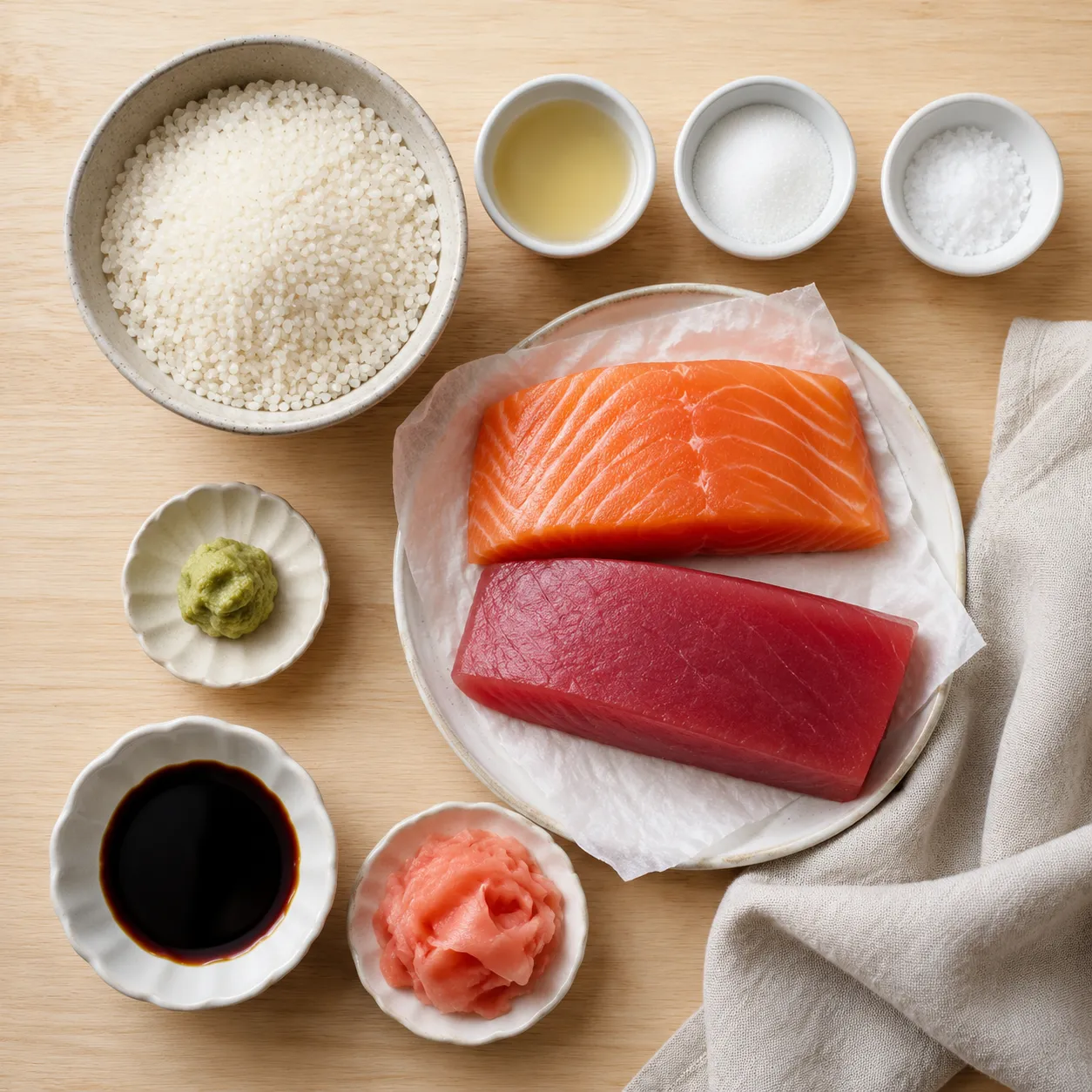 Nigiri sushi ingredients flatlay with sushi rice, fish, vinegar, and wasabi
