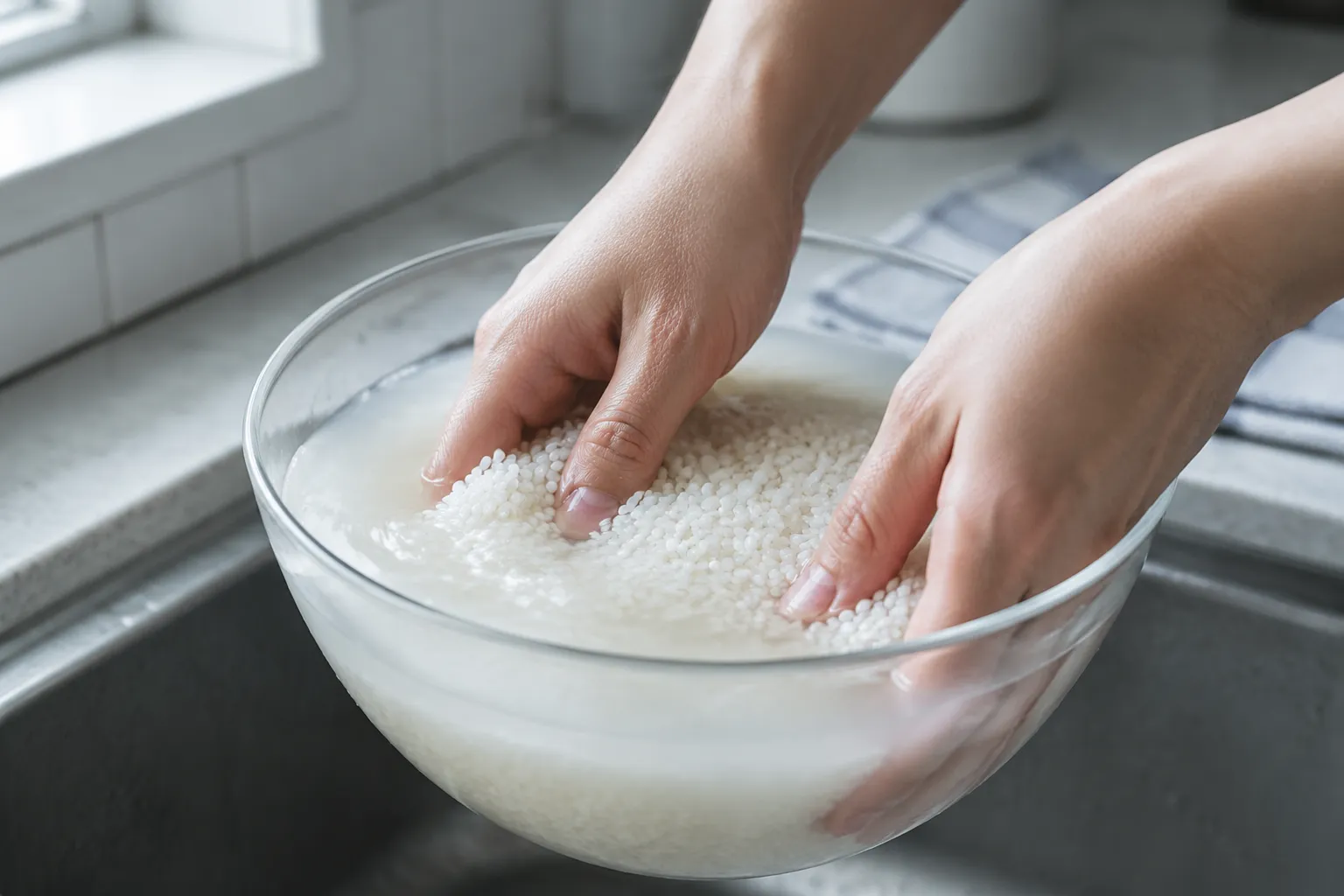 Rinsing sushi rice for homemade nigiri