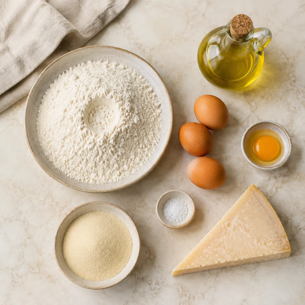 Fresh tagliatelle ingredients flatlay with flour, eggs, and parmesan
