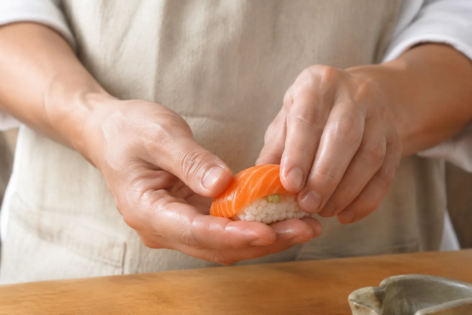 Hand shaping salmon nigiri sushi over seasoned rice
