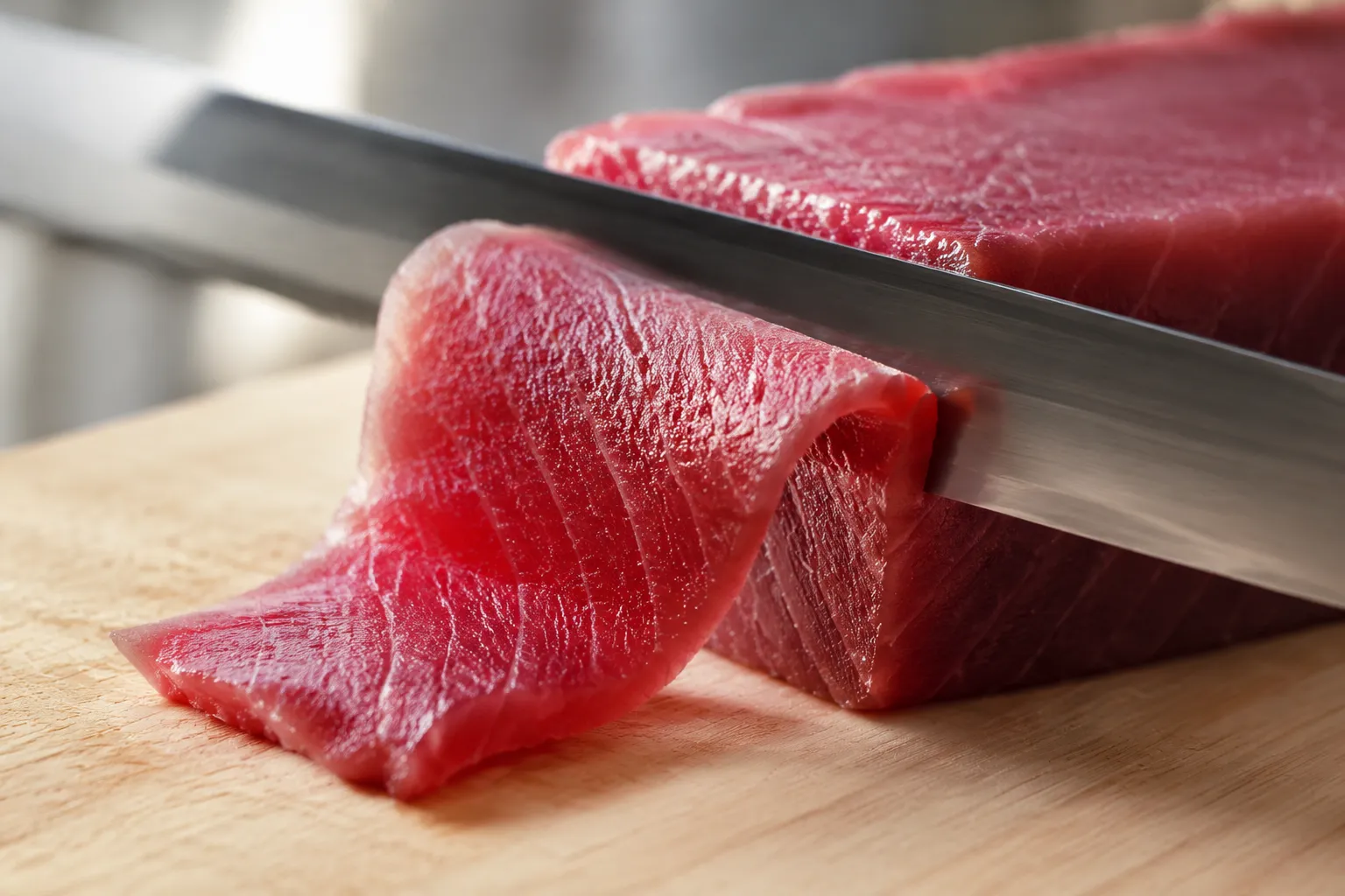 Slicing sushi-grade tuna for nigiri at a diagonal angle
