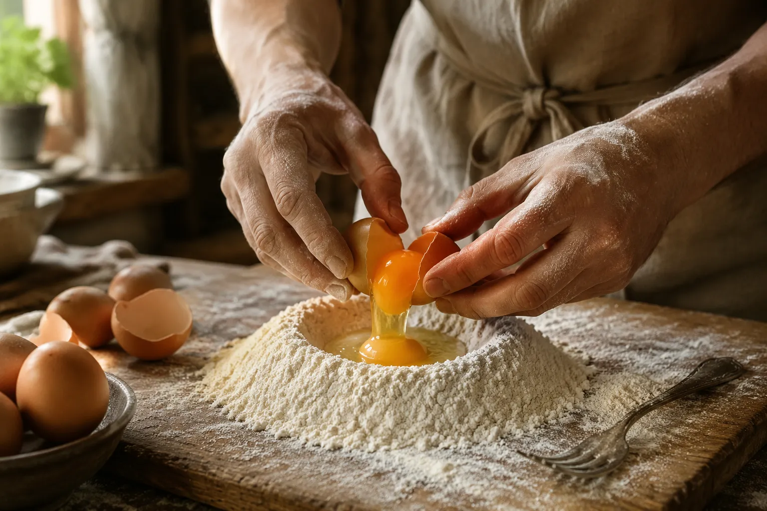 Cracking eggs into flour well to start fresh tagliatelle dough