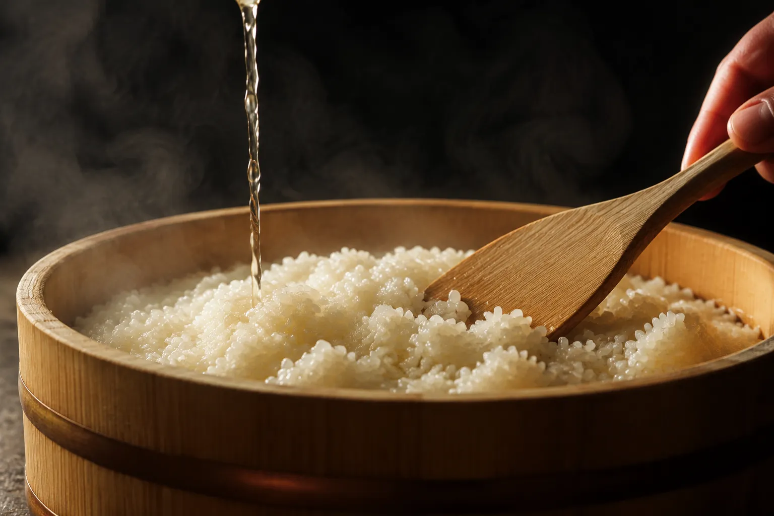 Seasoning sushi rice with rice vinegar for nigiri