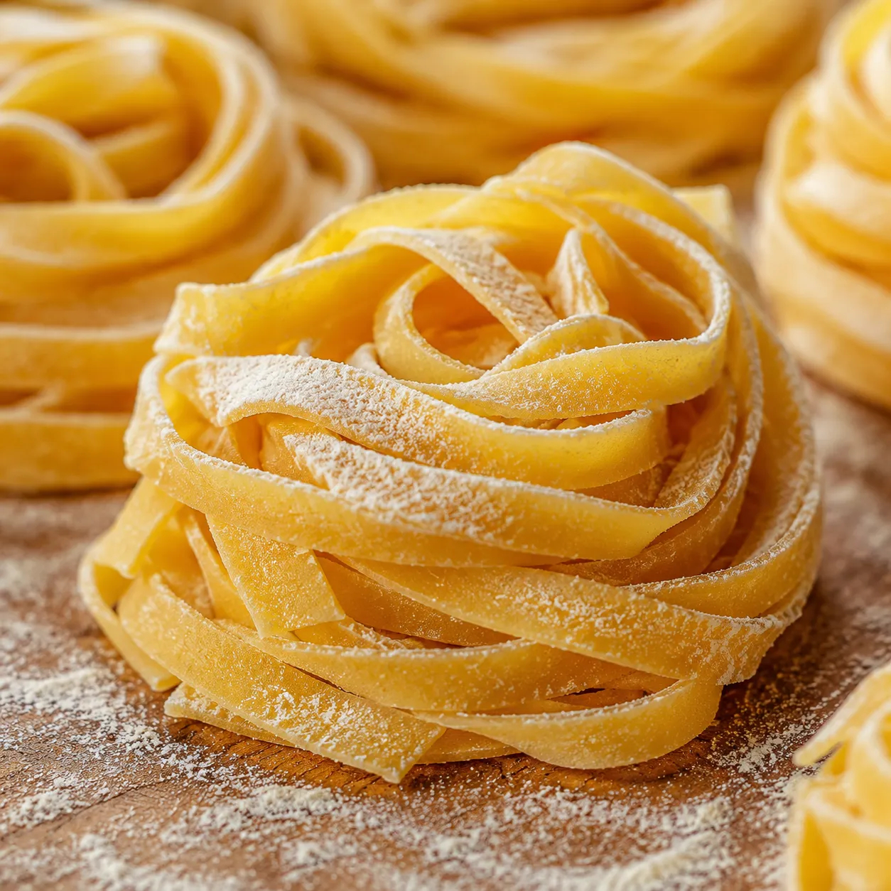Fresh tagliatelle ribbons formed into nests dusted with semolina
