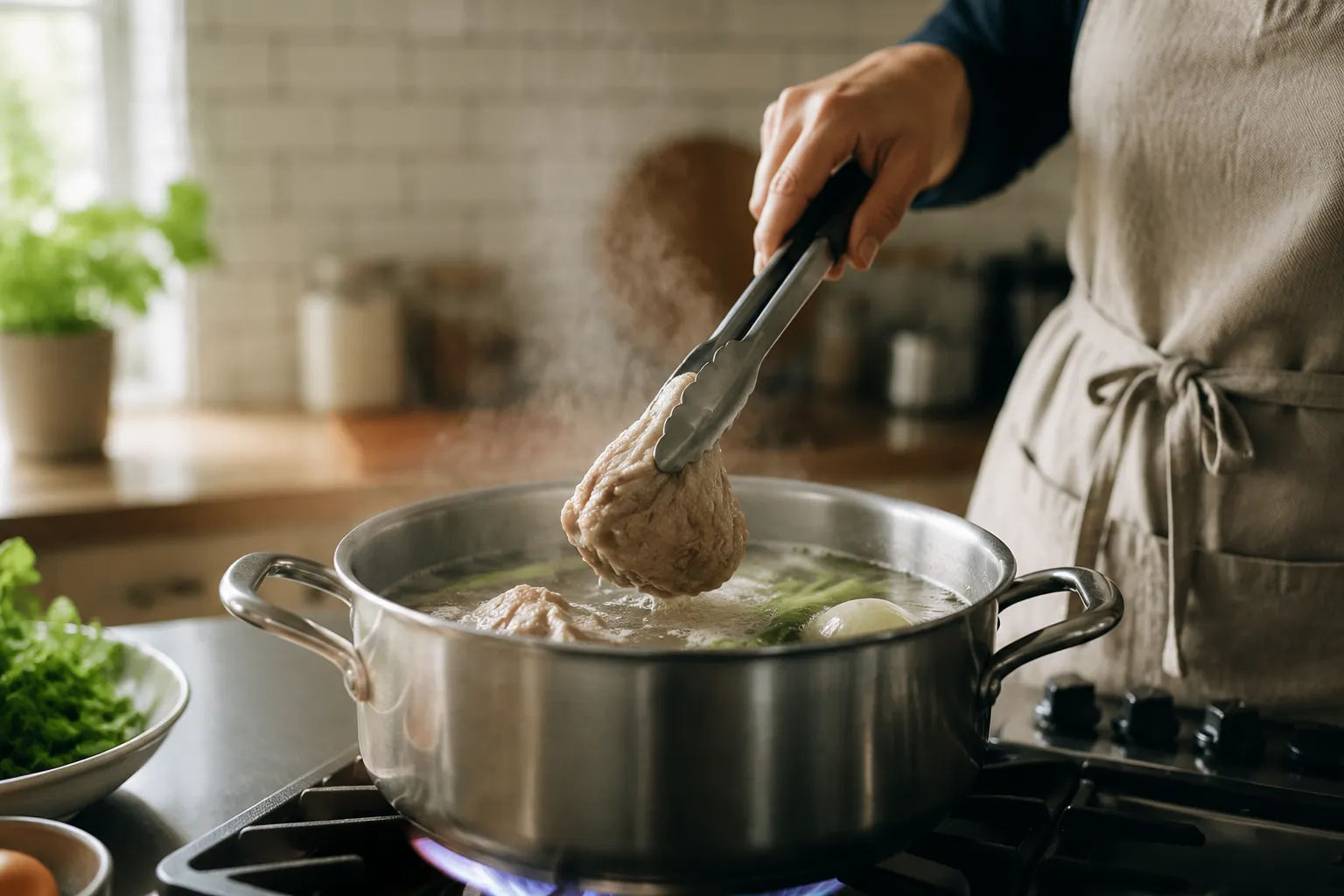 Adding beef shank to a pot to start caldo de res broth