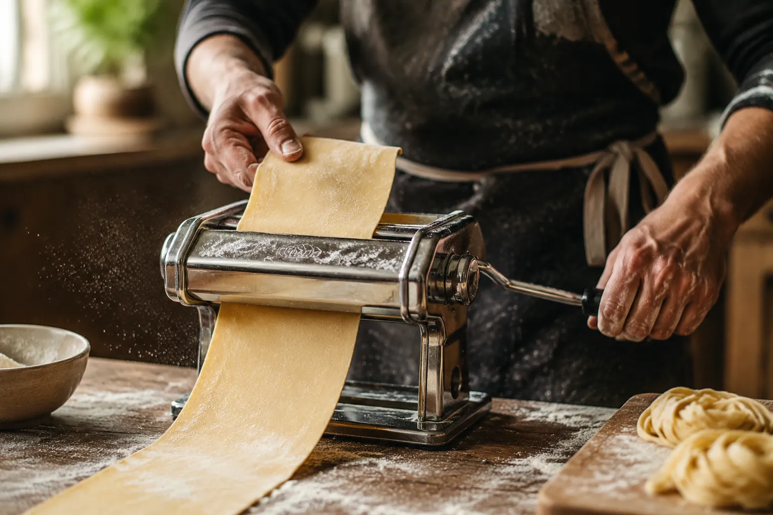 Rolling fresh tagliatelle dough through a pasta machine