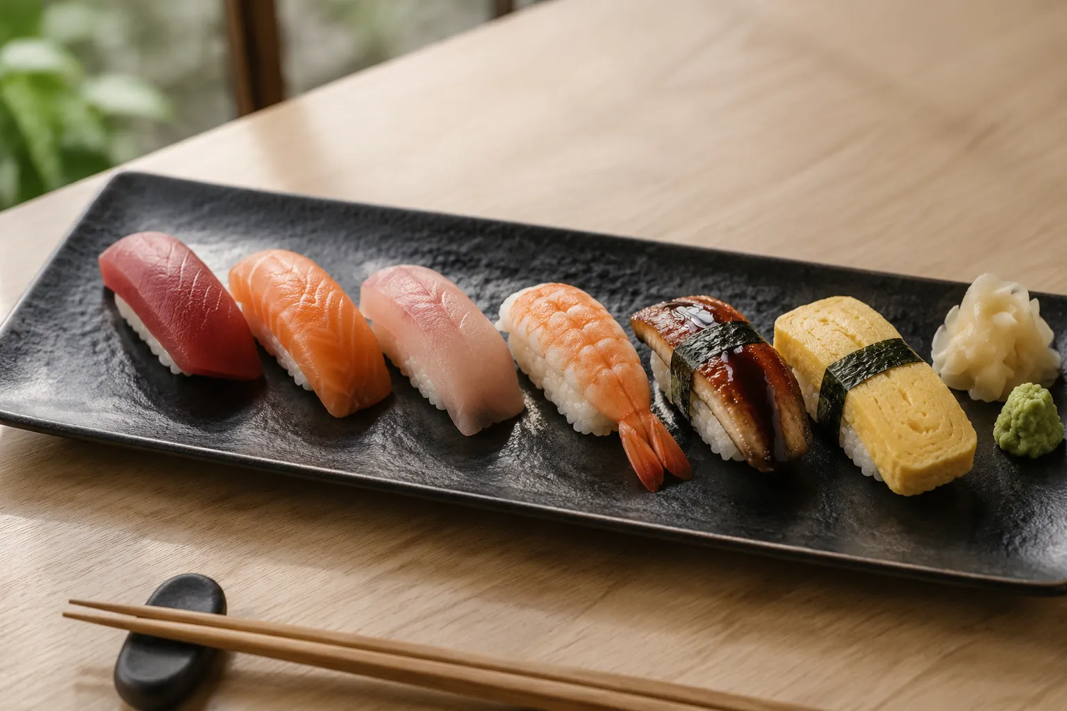Finished homemade nigiri sushi platter with mixed toppings